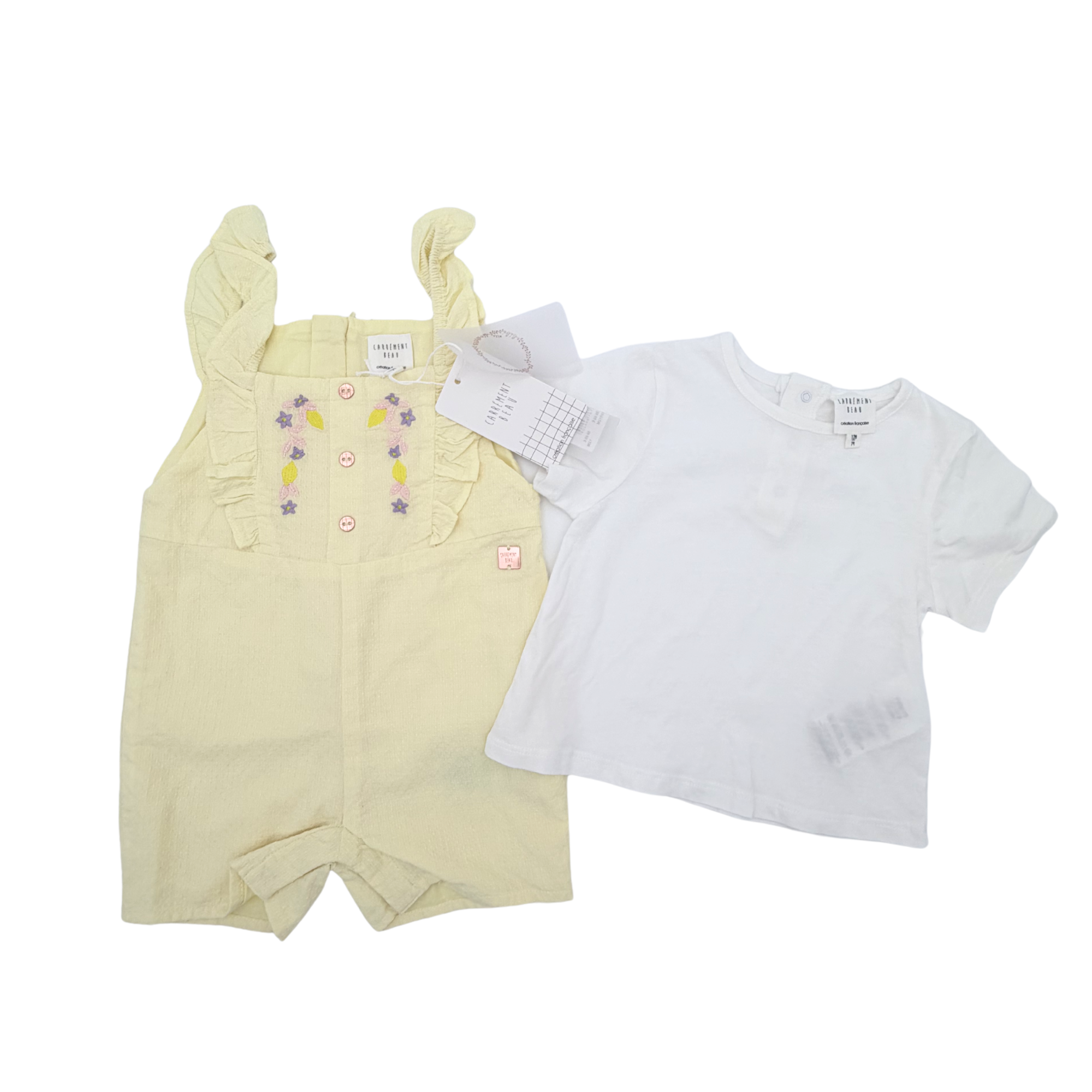 Ensemble salopette short jaune pâle et t-shirt — 12 mois
