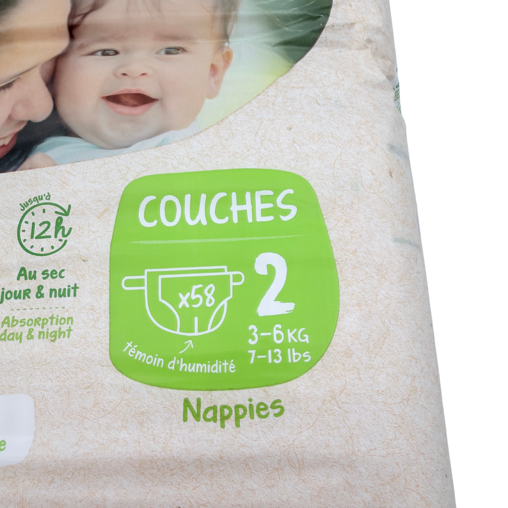 Couches bébé taille 2 – 3 à 6 kg – 58 pièces