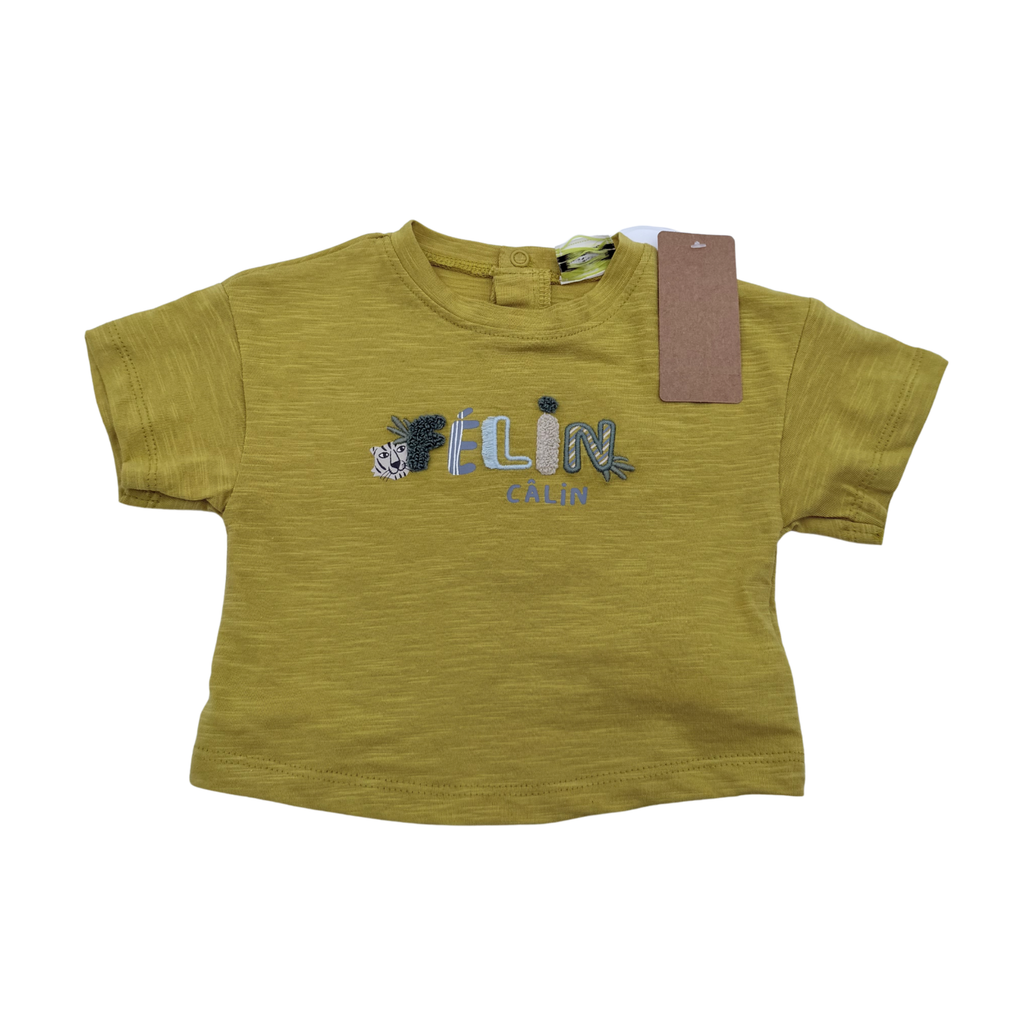 T-shirt kaki « Félin câlin » — 3 mois