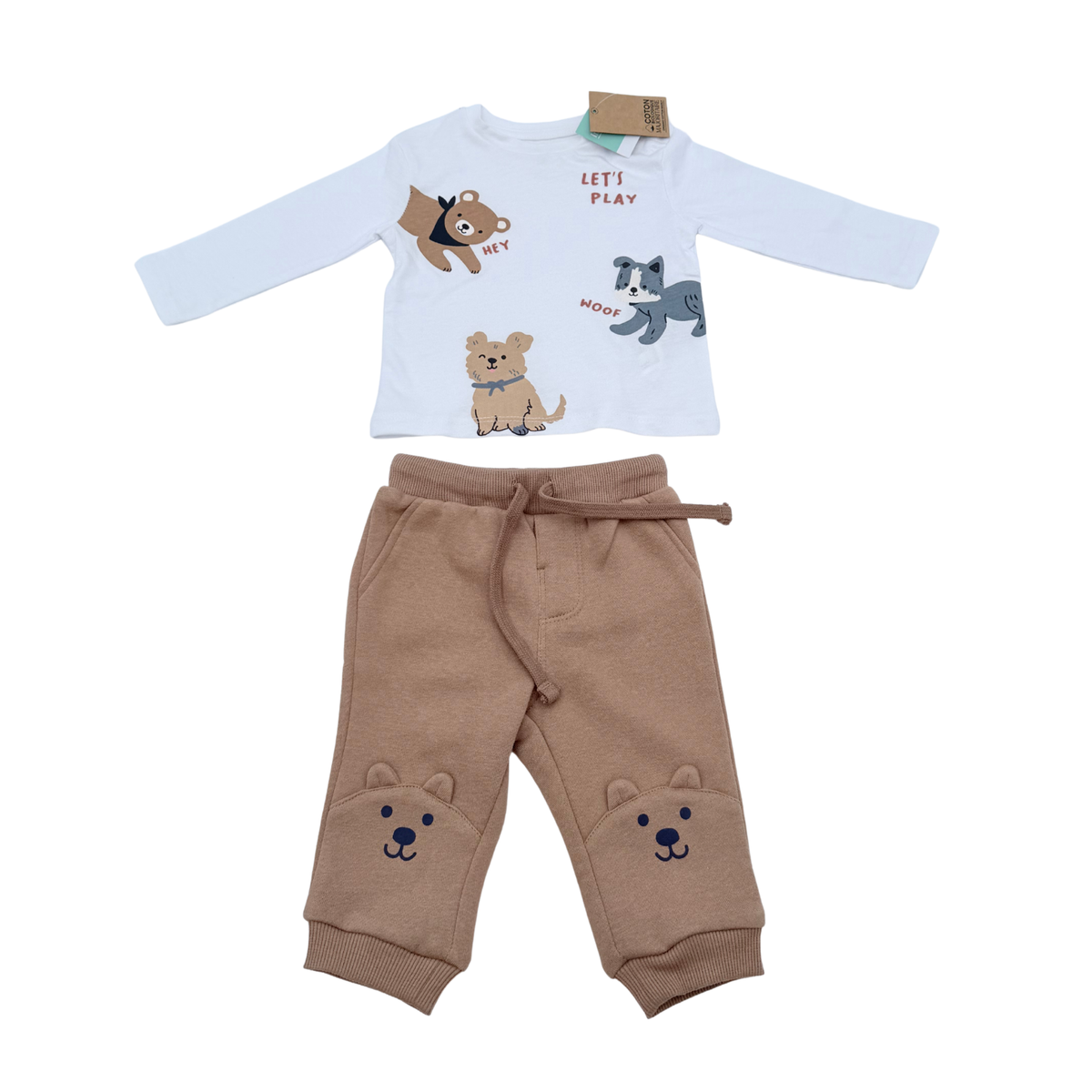 Ensemble bébé avec t-shirt blanc imprimé animaux et pantalon marron - 3 mois