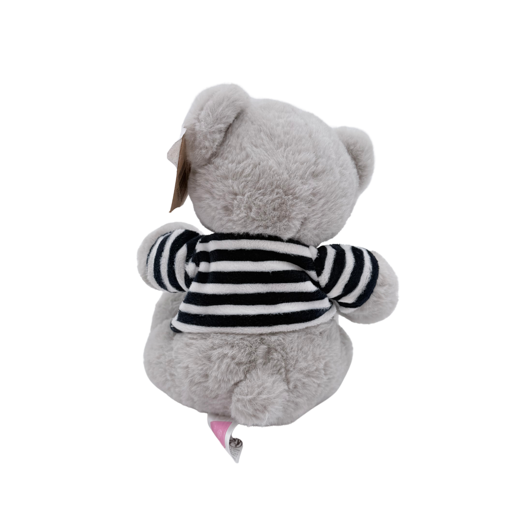 Peluche ours gris en marinière avec cœur rouge – 22 cm