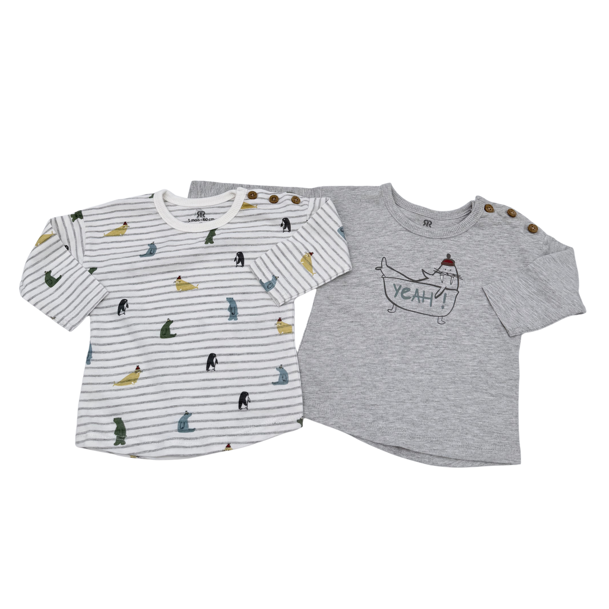 Lot de 2 t-shirts à manches longues motifs animaux - 3 mois