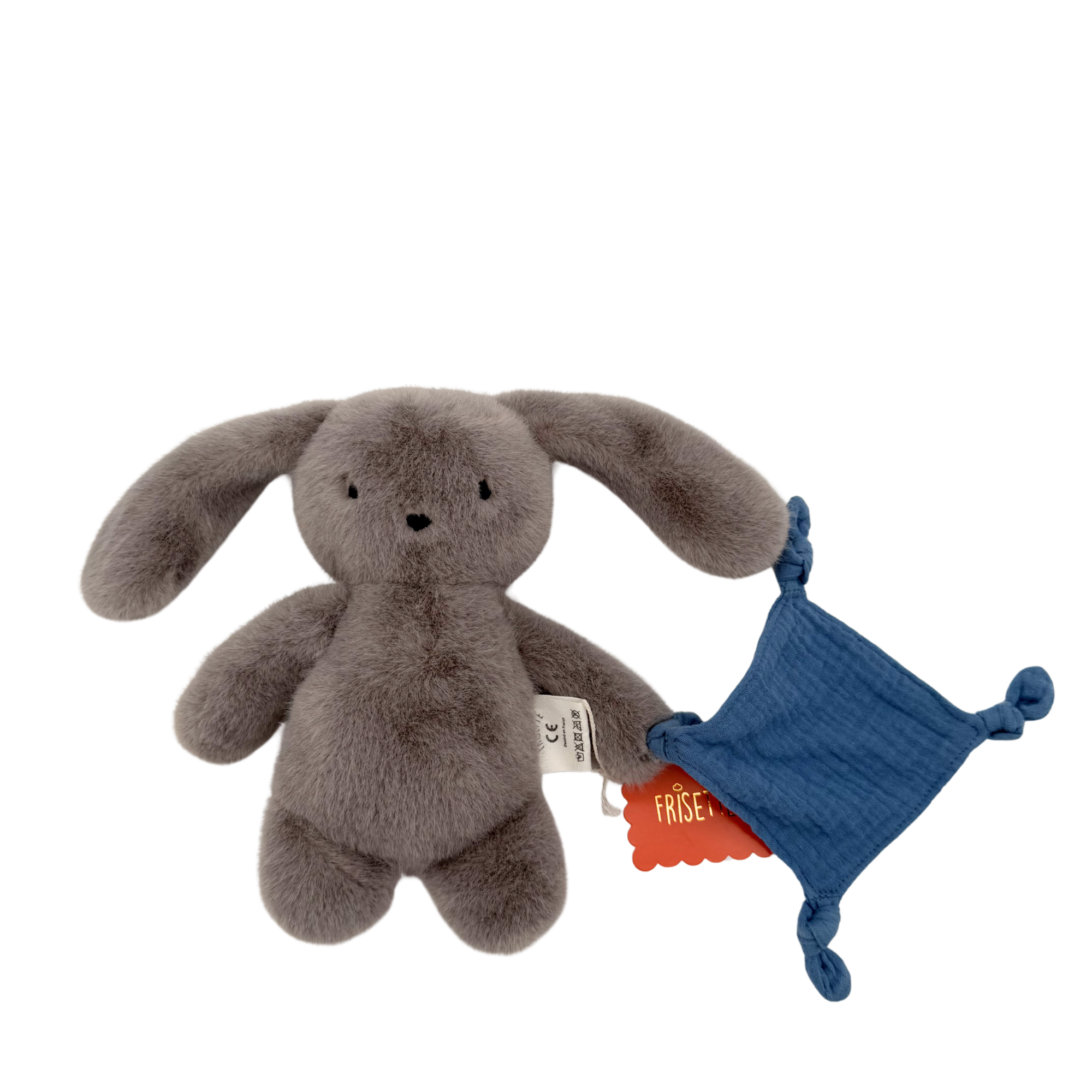 Peluche lapin gris et son doudou bleu