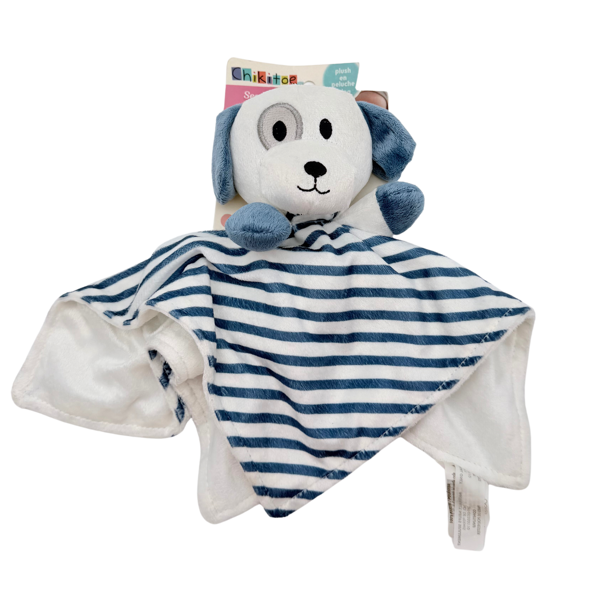 Doudou plat chien bleu et blanc à rayures