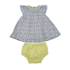 Robe fleurie blanche et bleu avec bloomer jaune — 6 mois