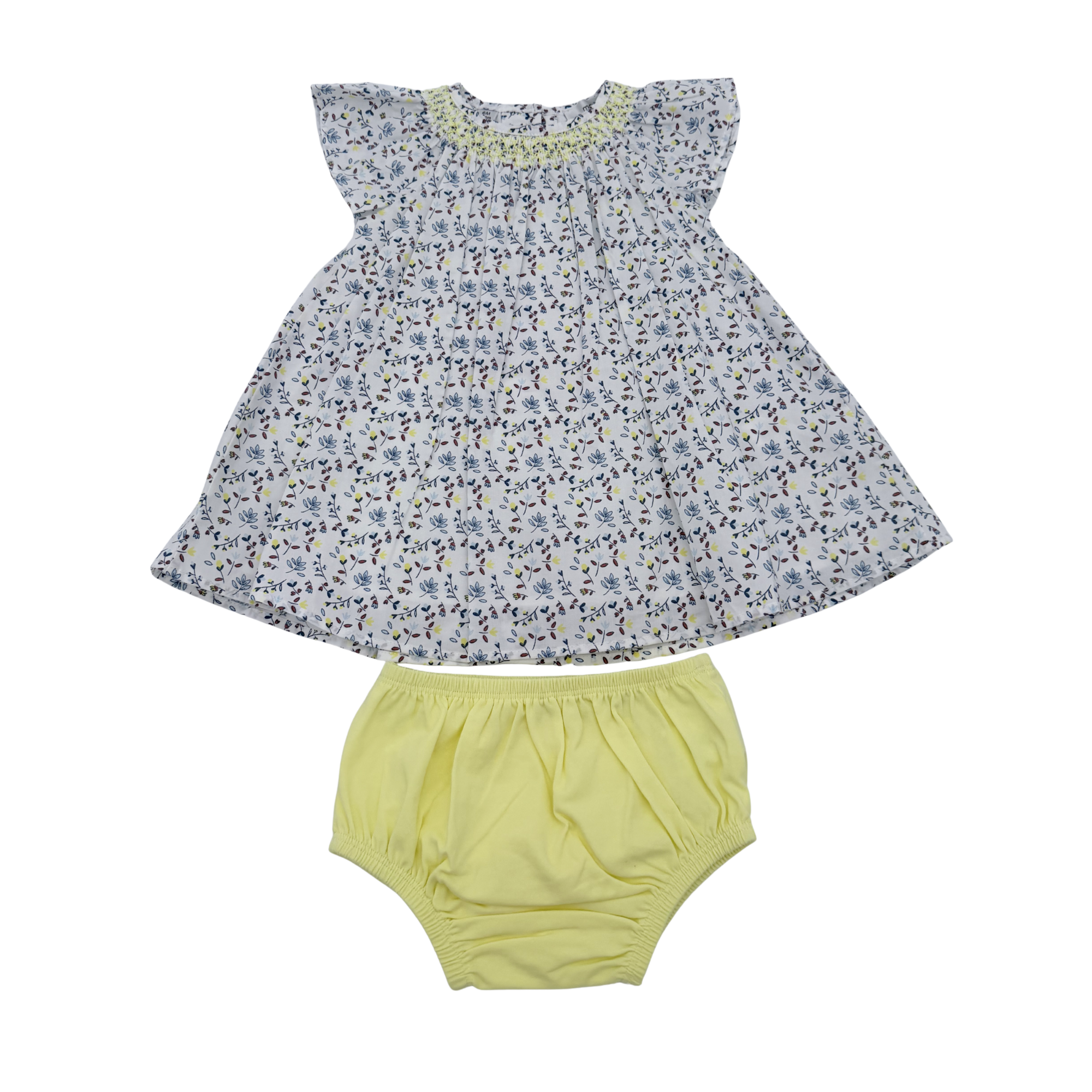 Robe fleurie blanche et bleu avec bloomer jaune — 6 mois