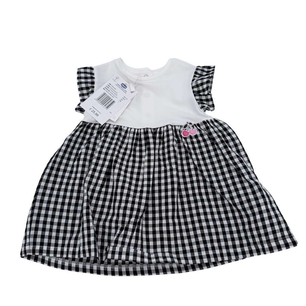 Robe vichy noir et blanc avec cerises roses — 9 mois