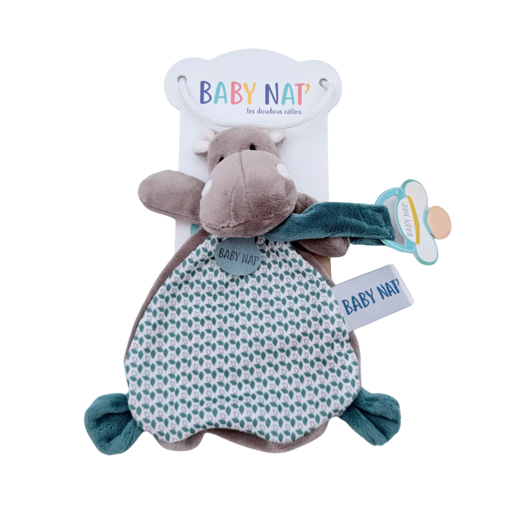 Doudou plat hippopotame avec attache-sucette