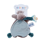 Doudou plat hippopotame avec attache-sucette