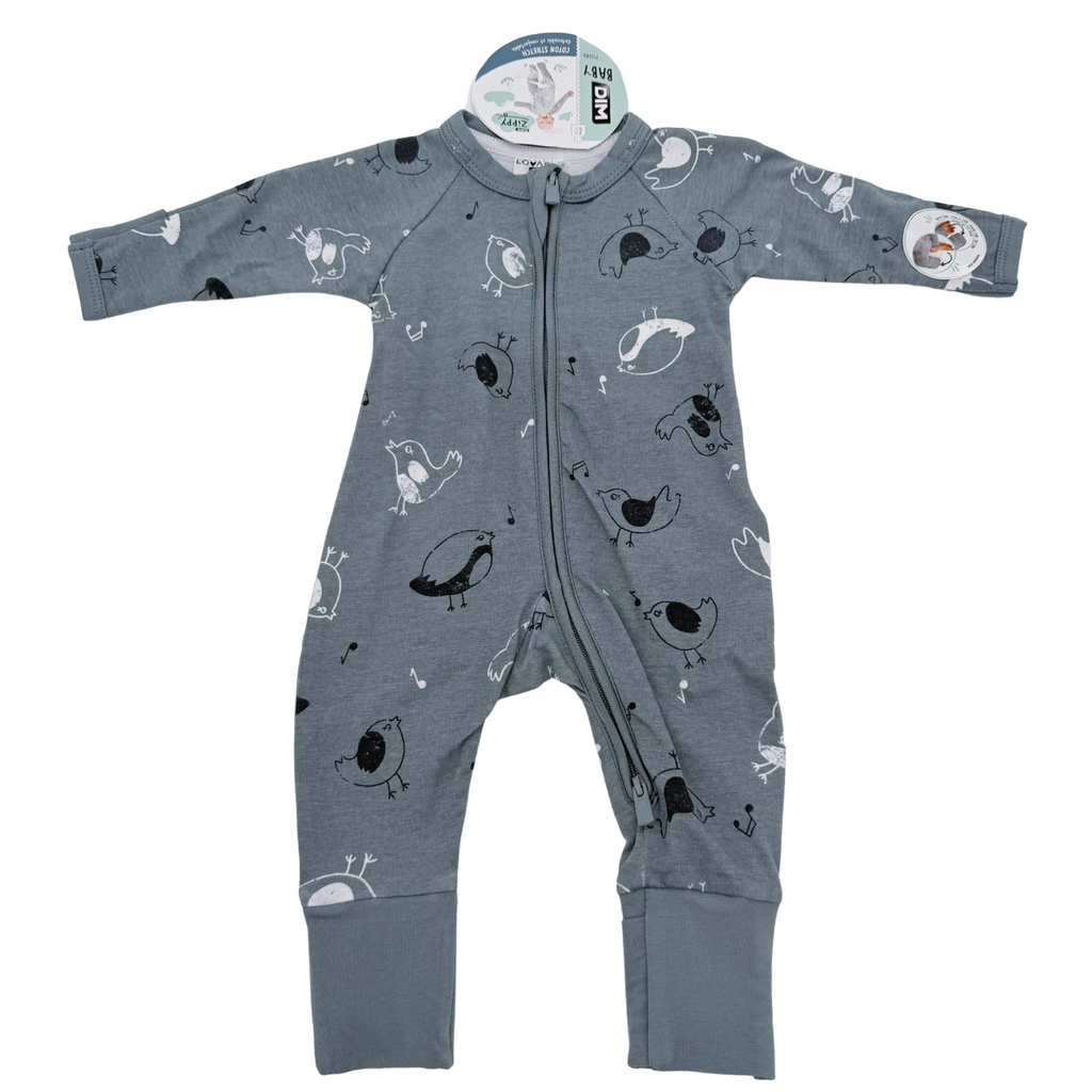 Pyjama zippé gris imprimé oiseaux — 1 mois