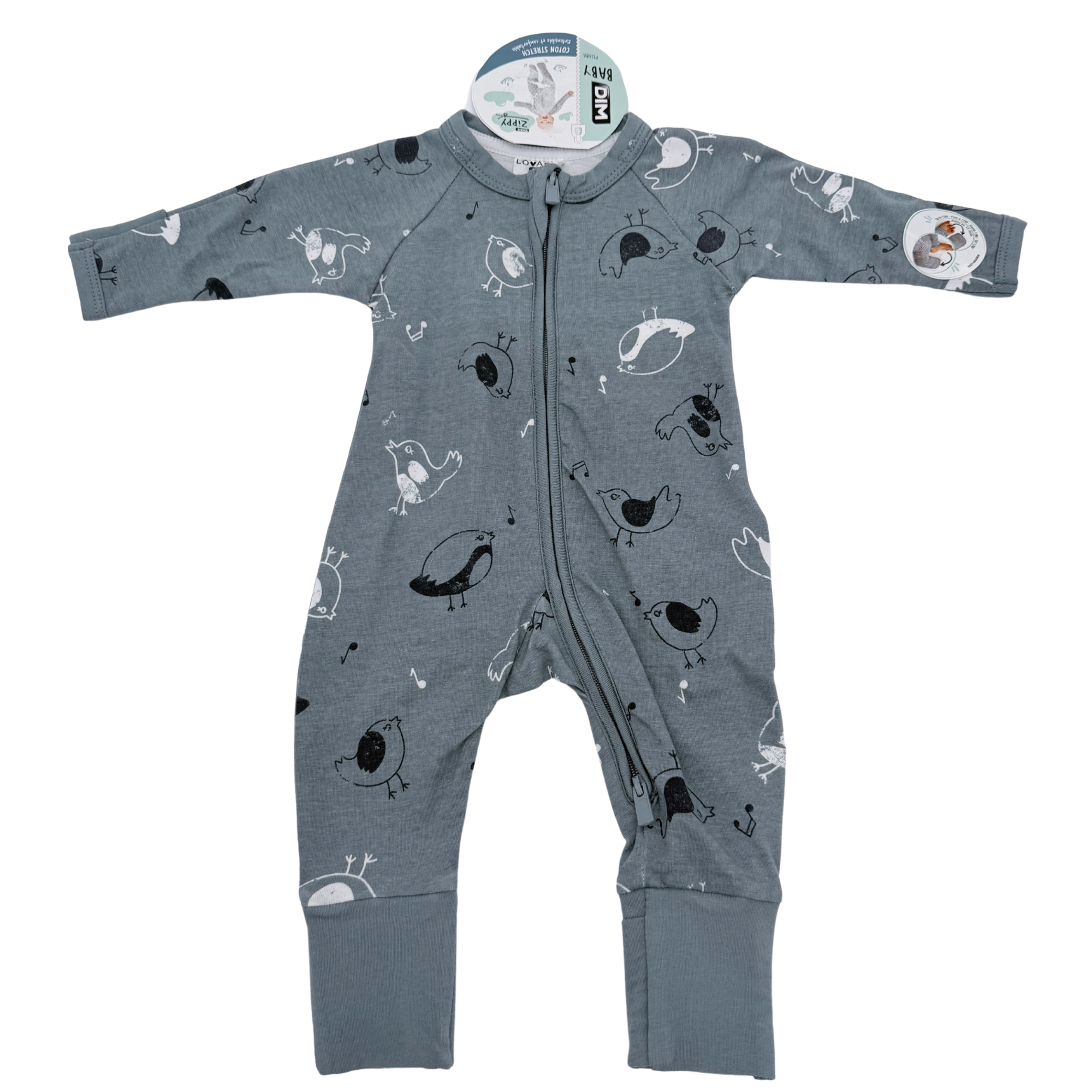 Pyjama zippé gris imprimé oiseaux — 1 mois