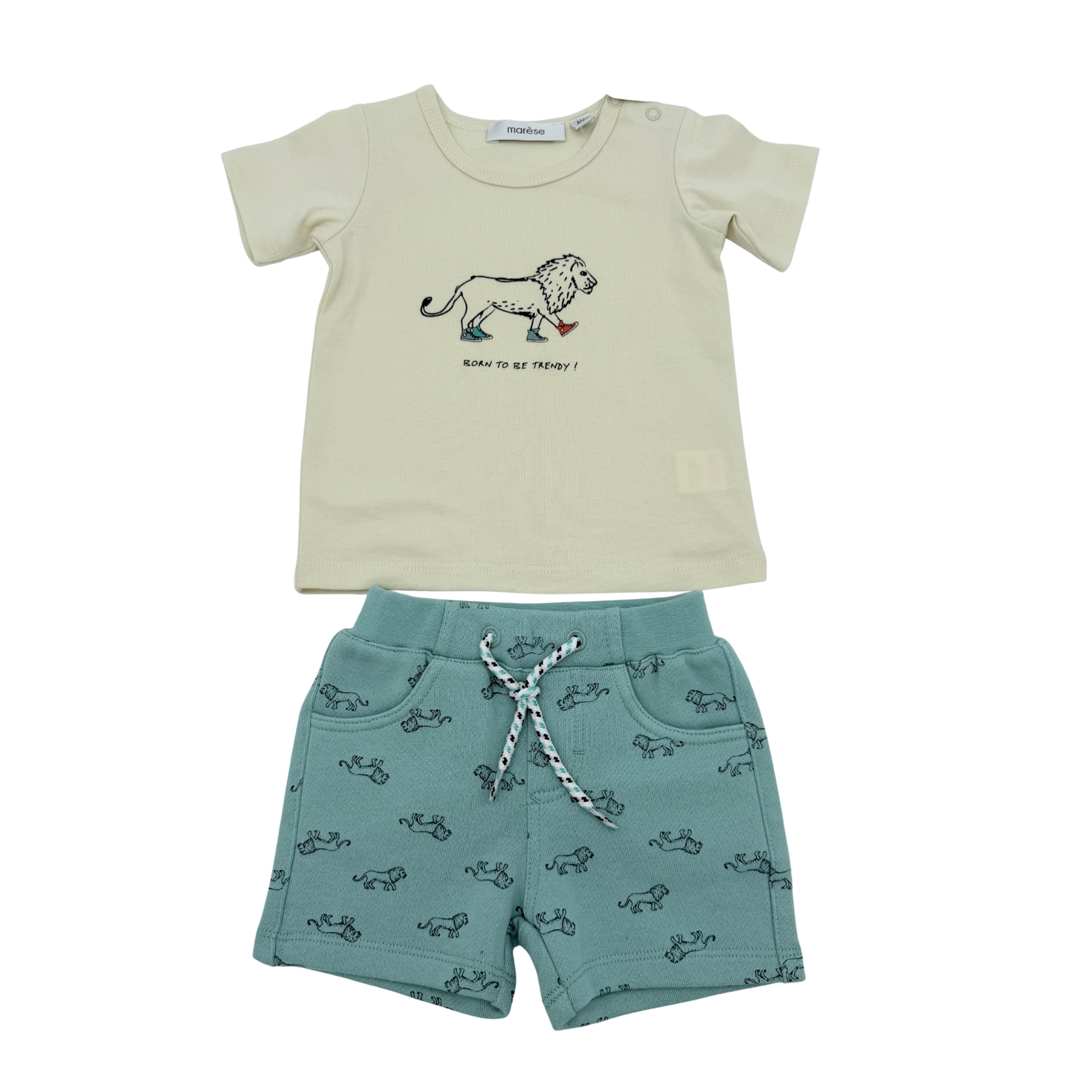 Ensemble t-shirt écru et short vert d’eau imprimé lions — 6 mois