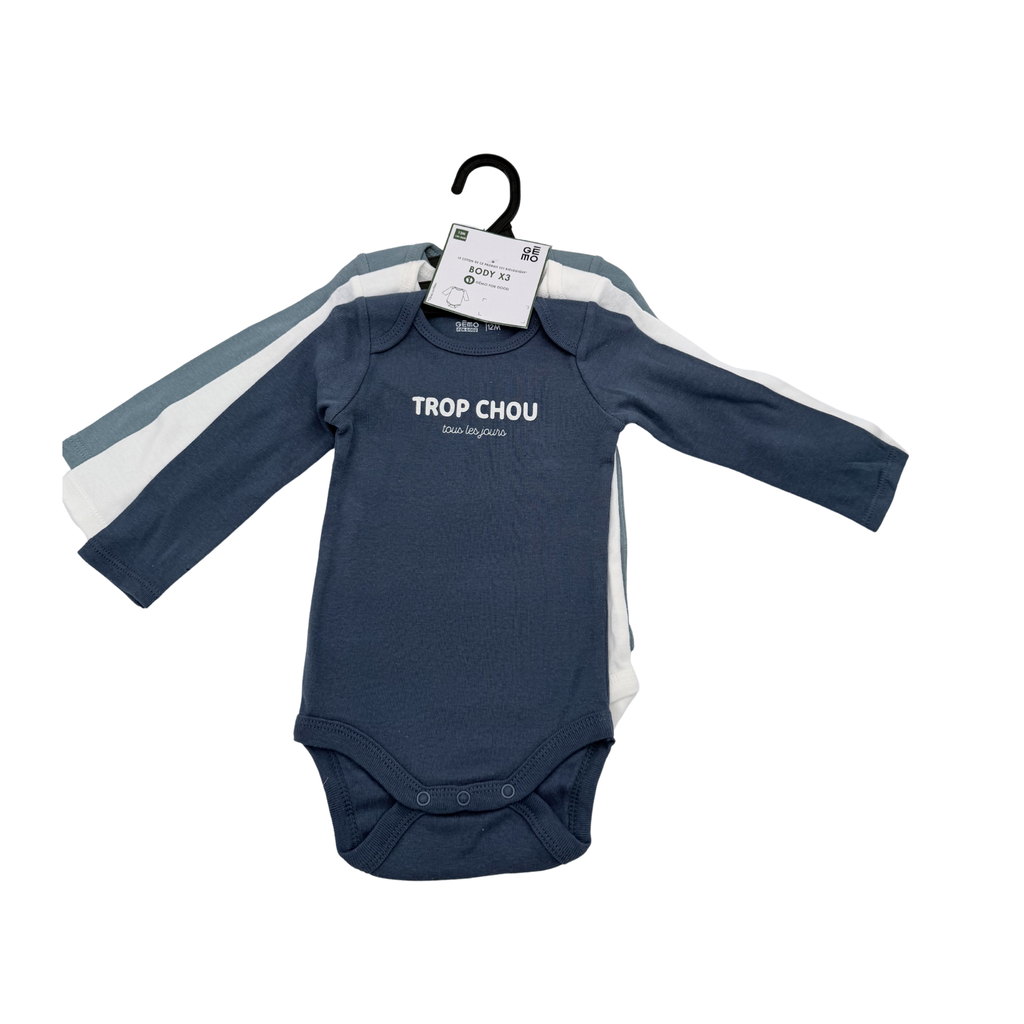 Lot de 3 bodies “Trop chou” — 12 mois