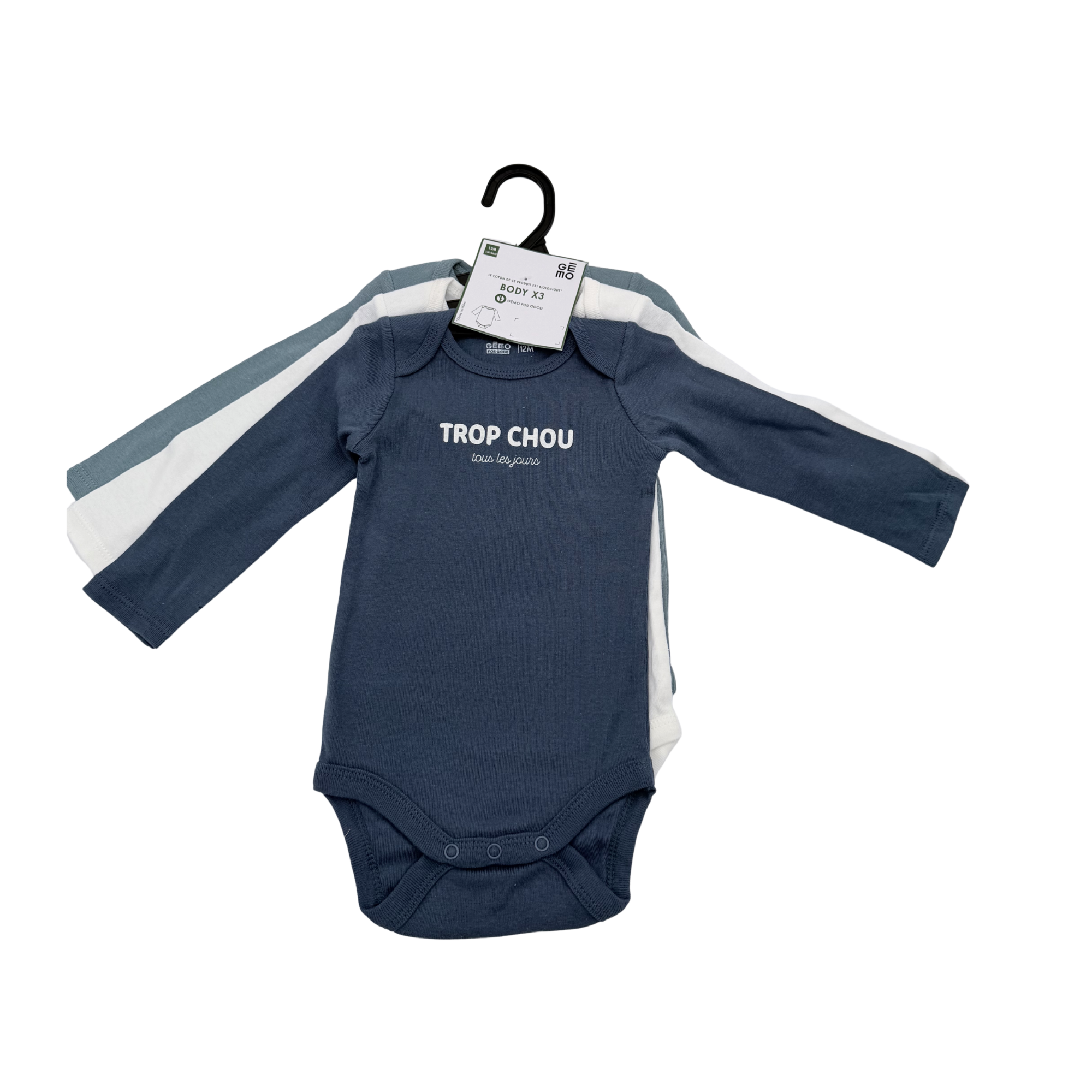 Lot de 3 bodies “Trop chou” — 12 mois
