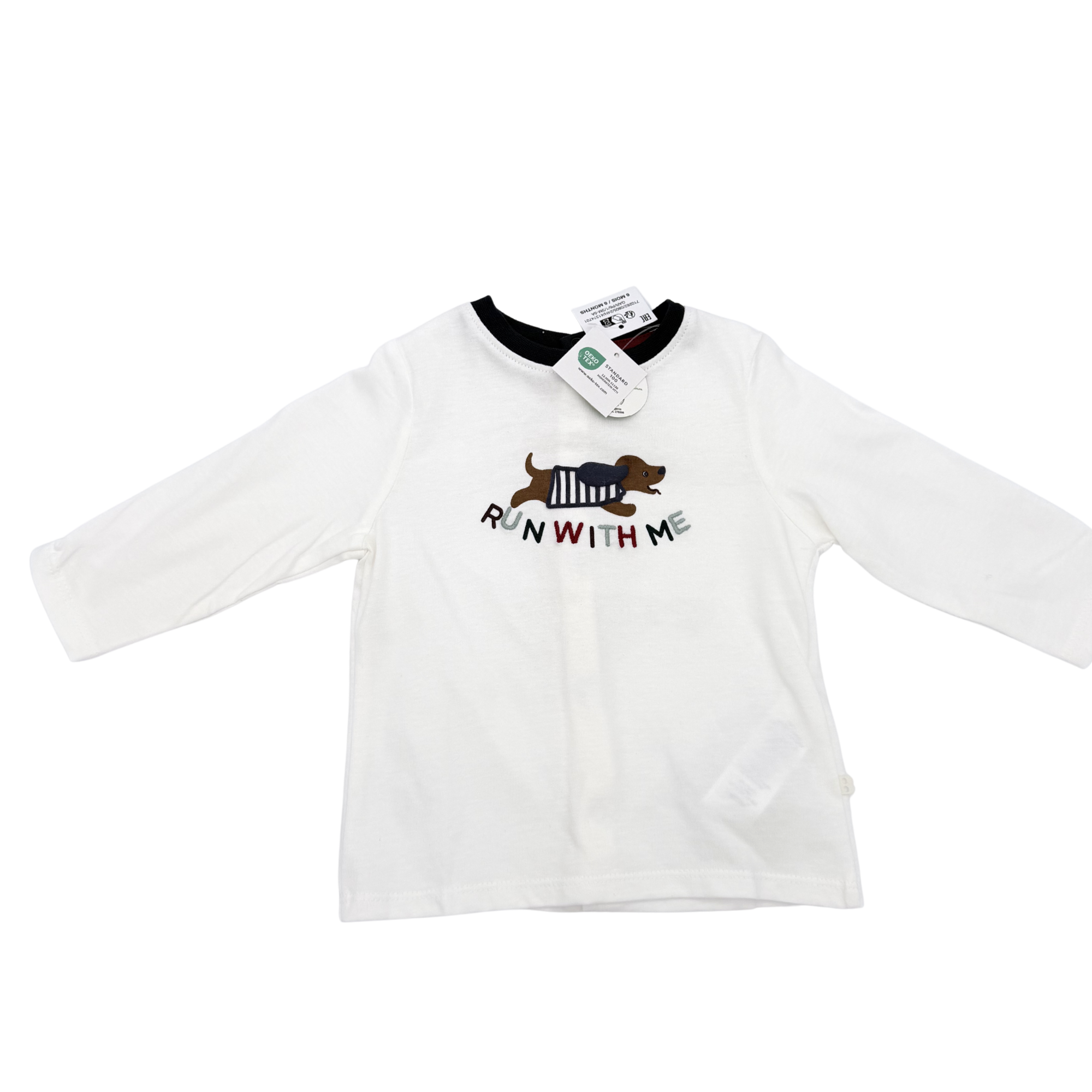 T-shirt blanc manches longues chien “Run with me” — 6 mois