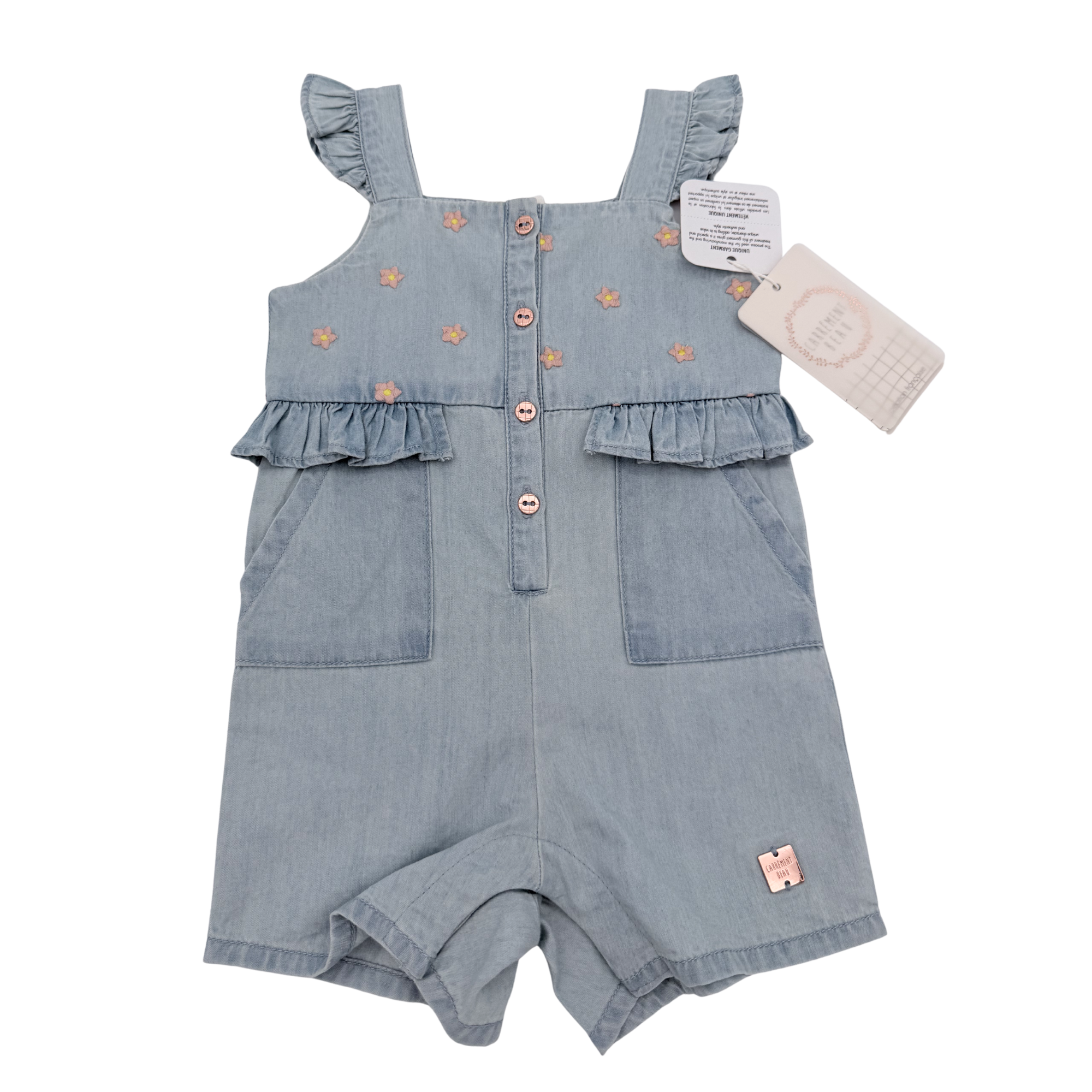 Combishort denim brodé fleurs — 9 mois