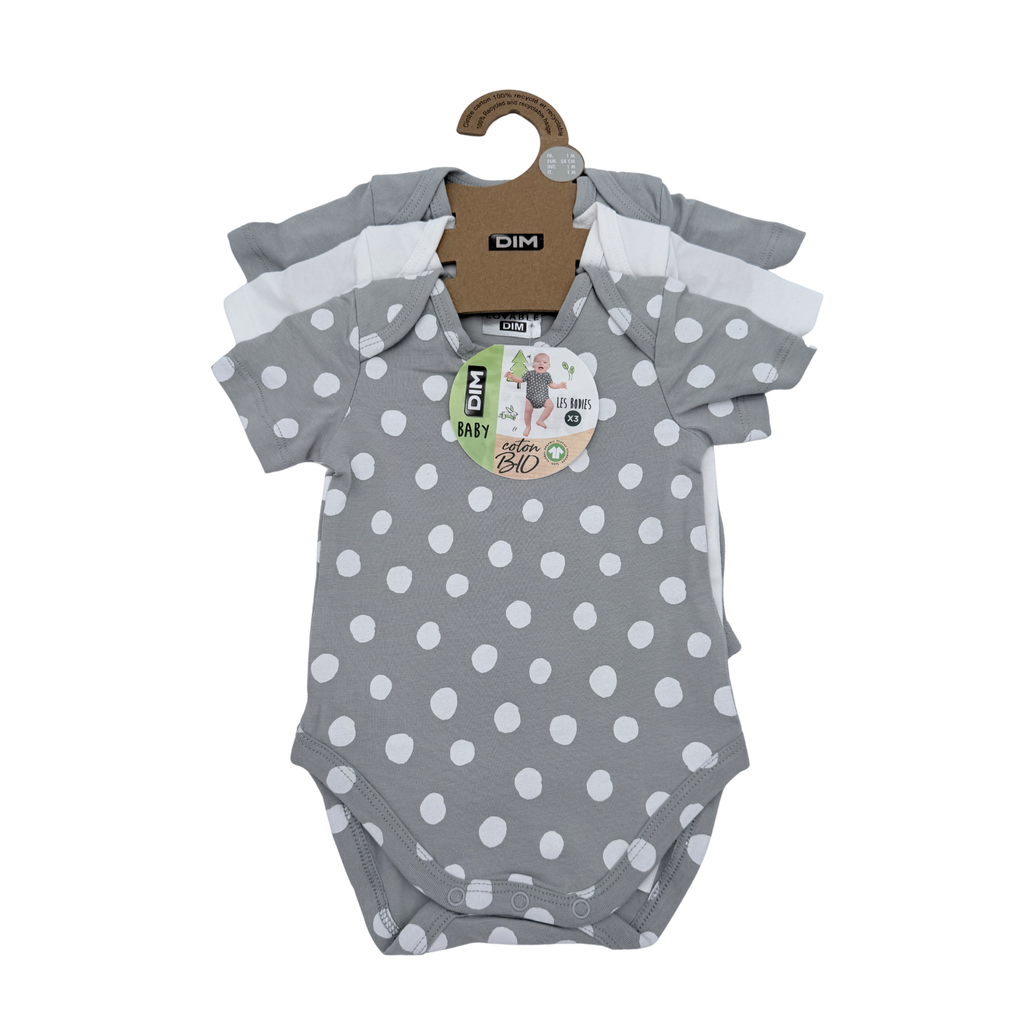 Lot de 3 bodies gris et blancs à pois  — 1 mois
