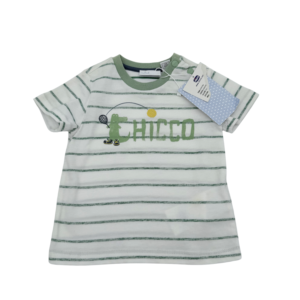T-shirt manches courtes rayé blanc vert imprimé — 9 mois