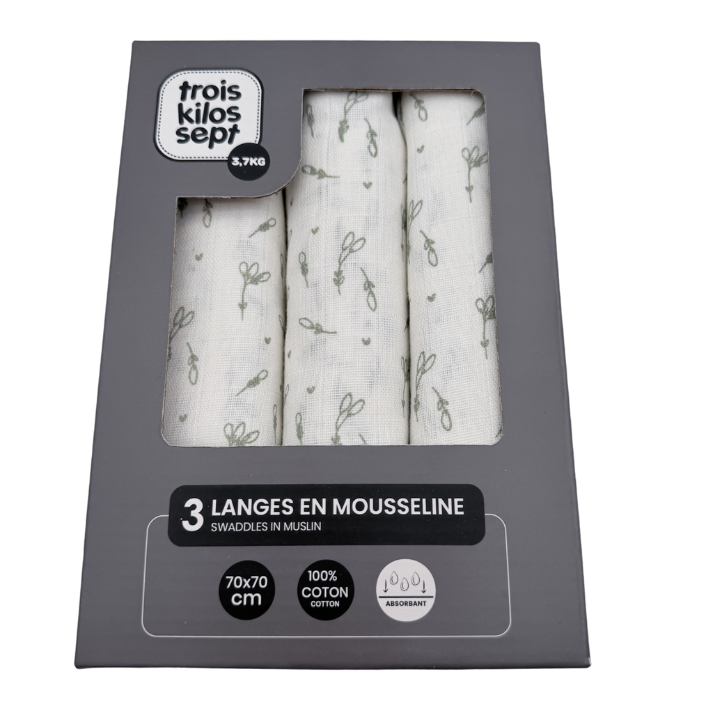 Lot de 3 langes en mousseline – 70 x 70 cm