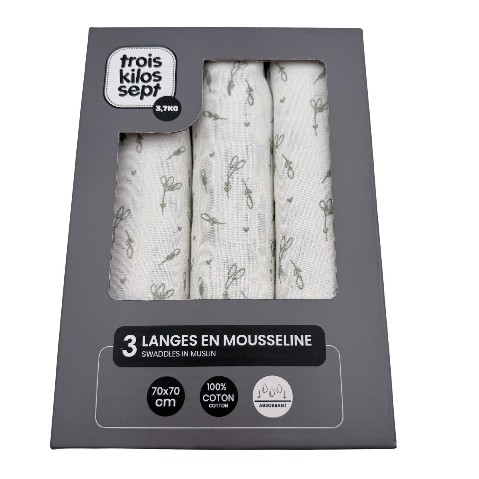 Lot de 3 langes en mousseline – 70 x 70 cm