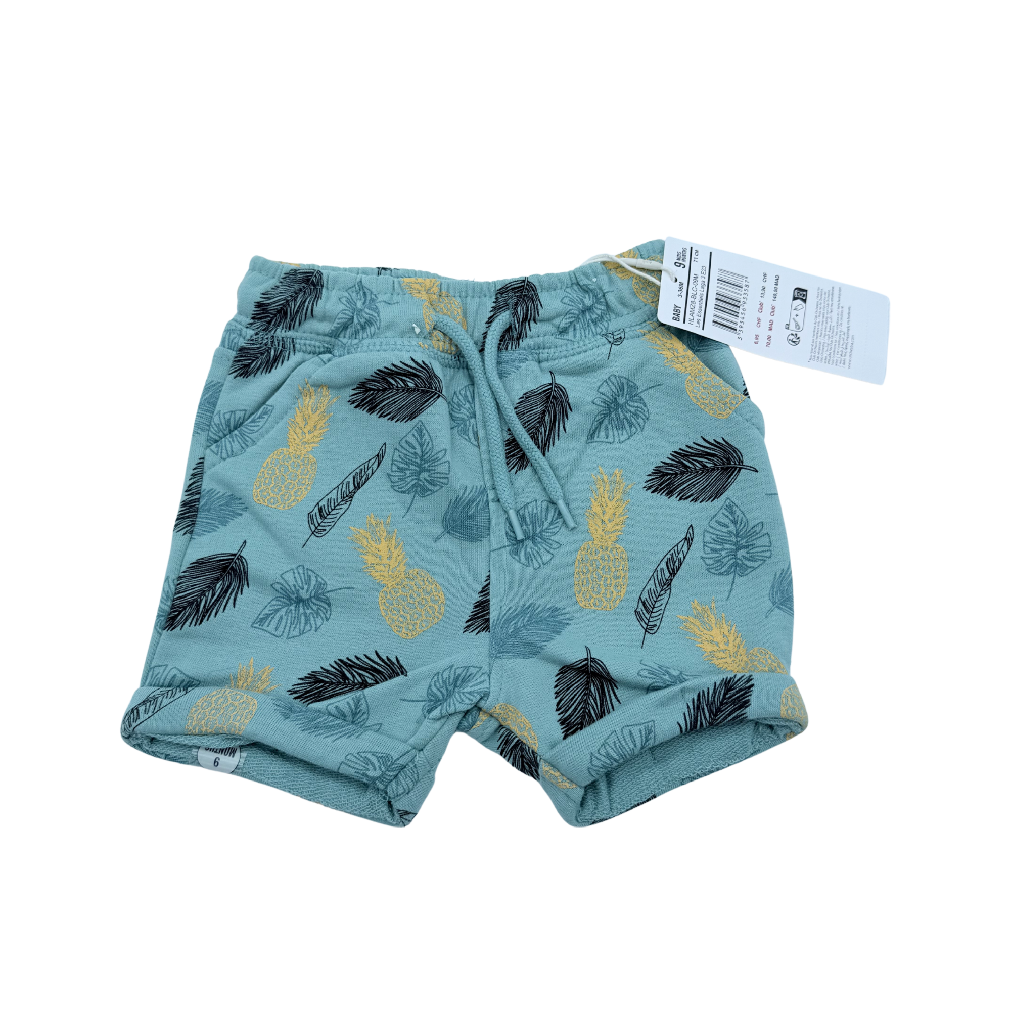 Short bleu imprimé ananas et feuilles — 9 mois