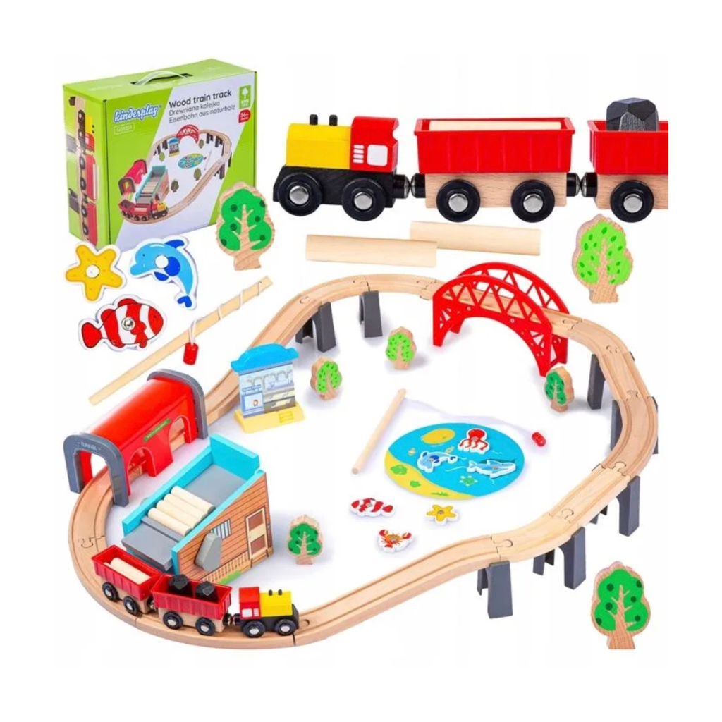 Circuit de train en bois Kinderplay Green Series — 69 pièces