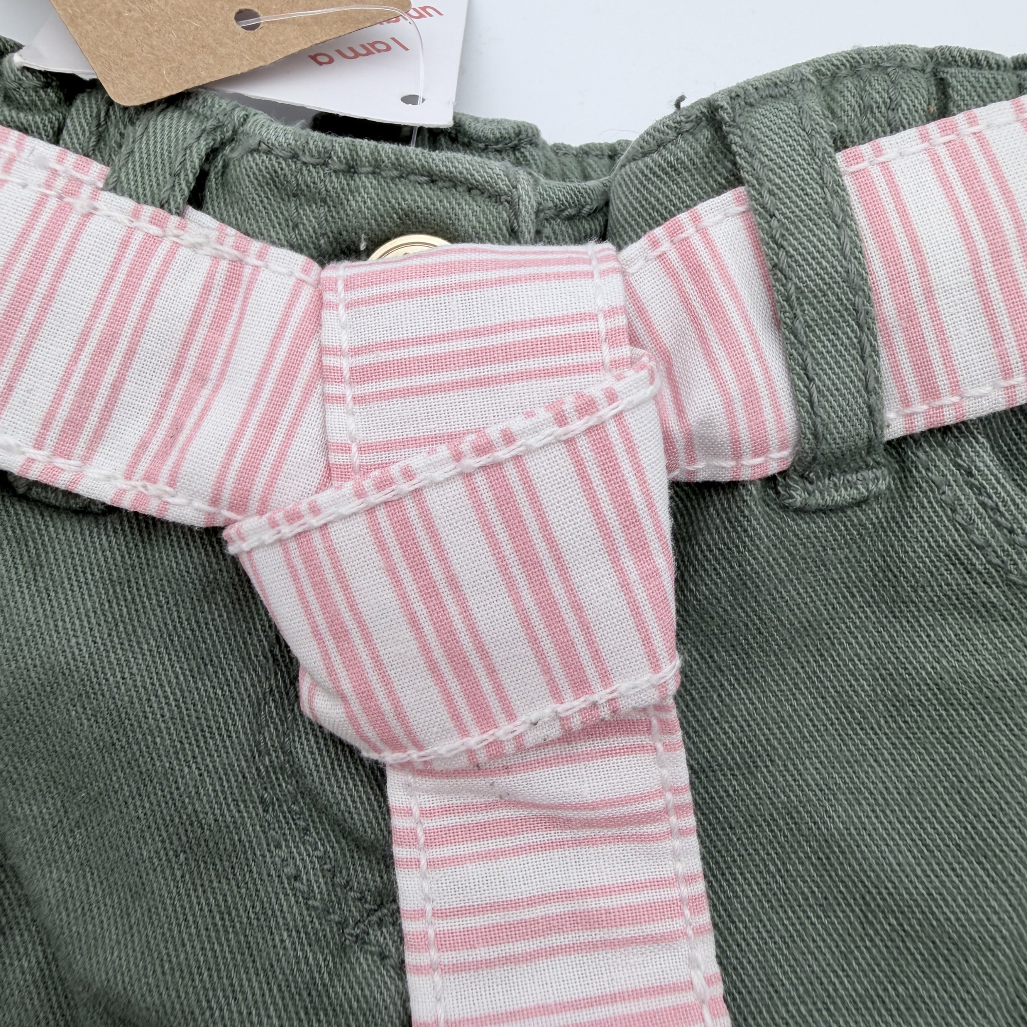 Pantalon large vert kaki avec ceinture rayée rose — 9 mois
