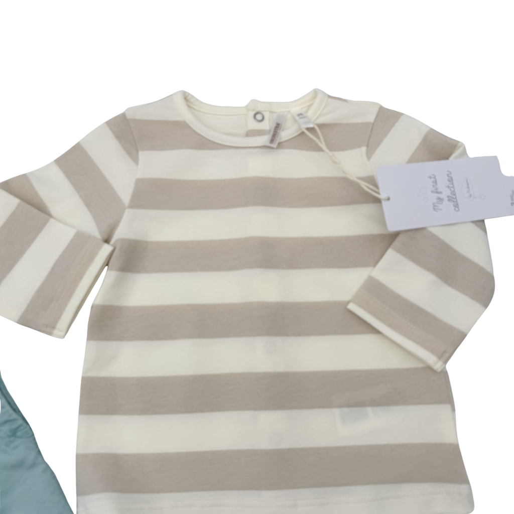 Ensemble salopette et t-shirt rayé vert d'eau - 3 mois