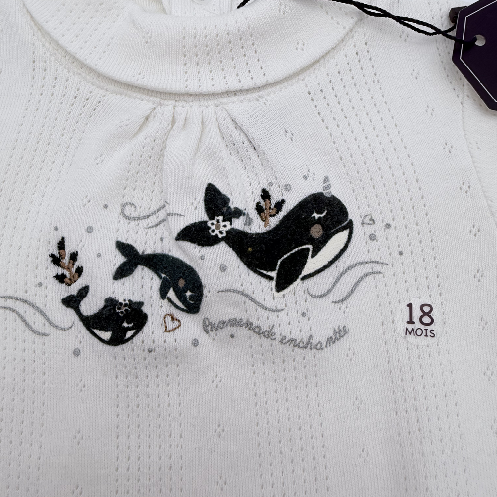 Body manches longues blanc à motif baleines — 18 mois