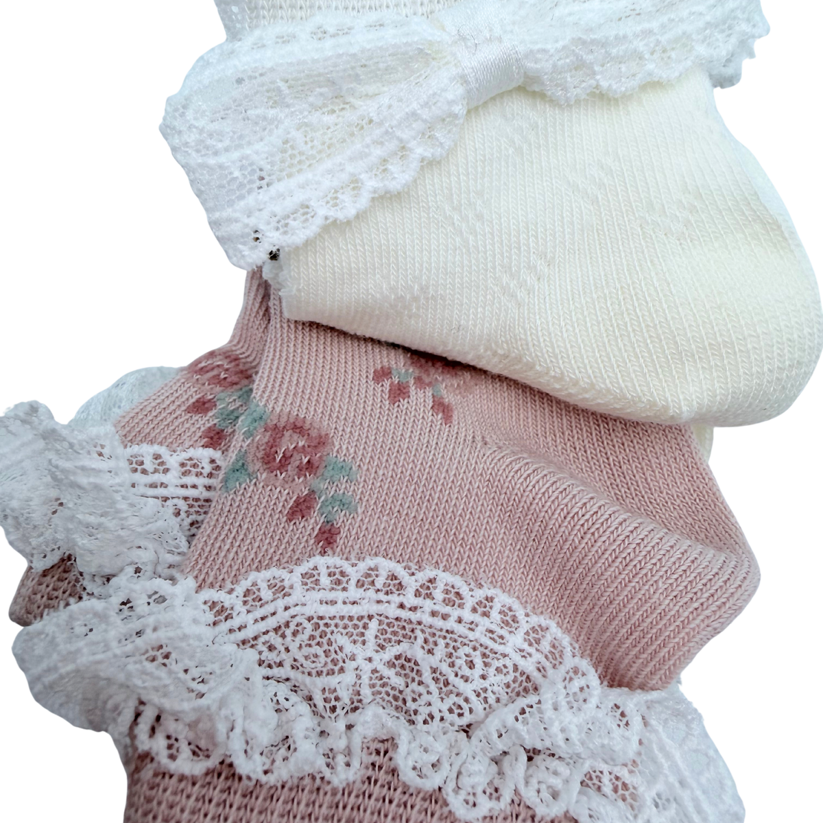 Lot de 3 paires de chaussettes bébé à dentelle rose et écru - 16-18