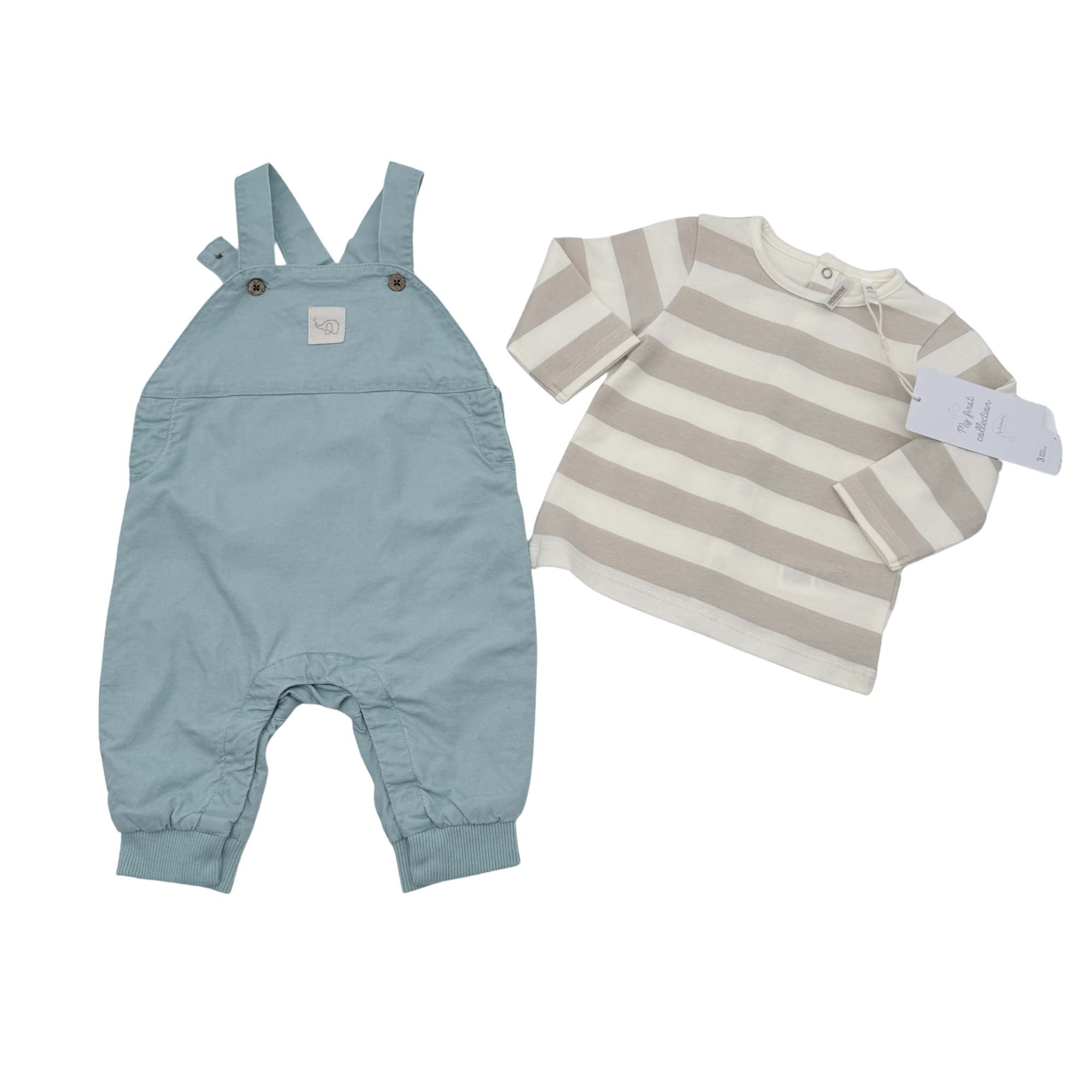 Ensemble salopette et t-shirt rayé vert d'eau - 3 mois