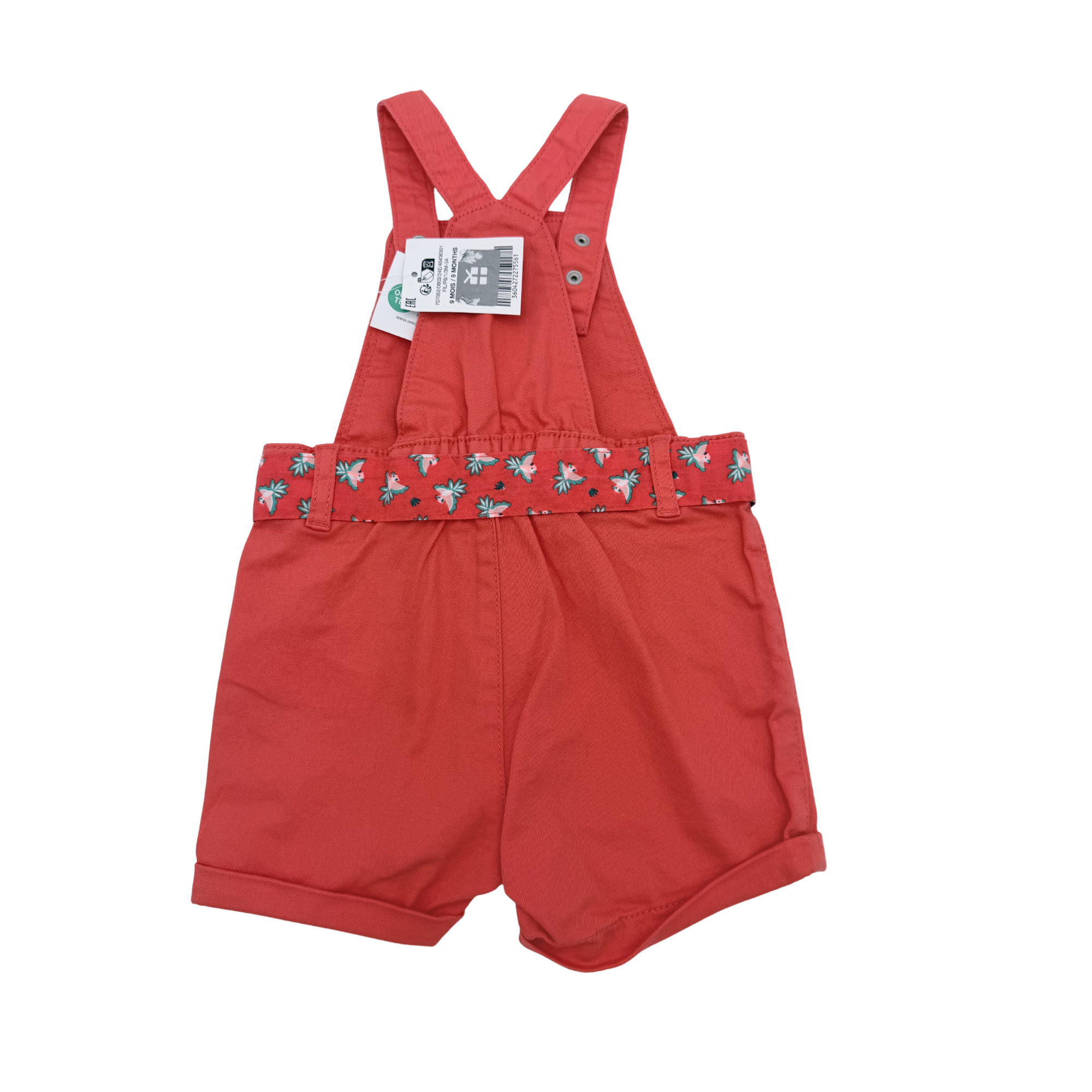 Salopette short corail à ceinture fleurie — 9 mois
