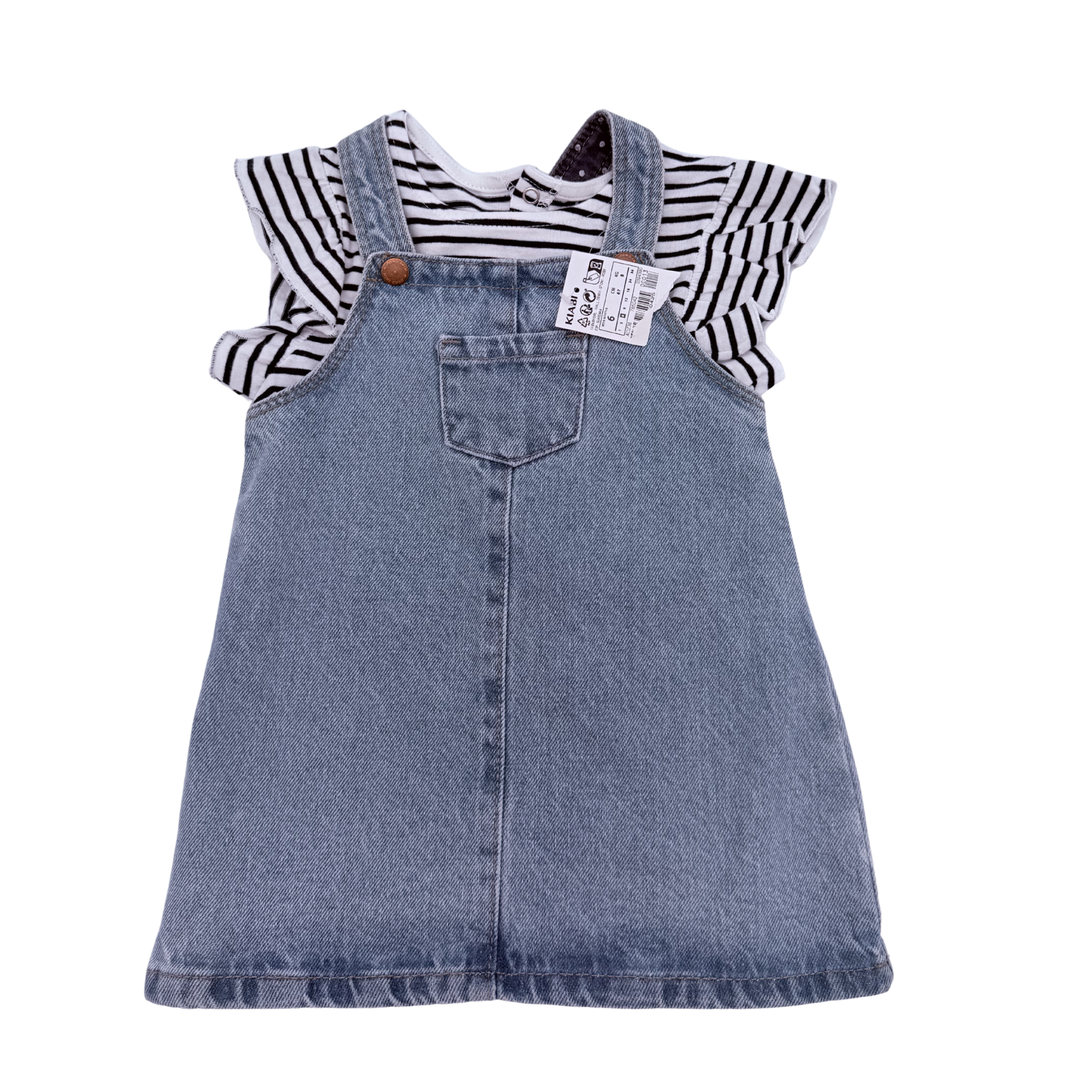 Robe salopette bébé en jean avec t-shirt rayé — 6 mois