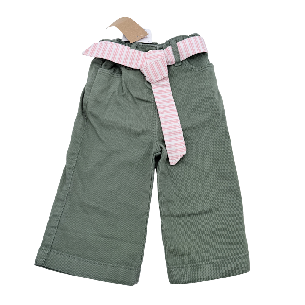 Pantalon large vert kaki avec ceinture rayée rose — 9 mois