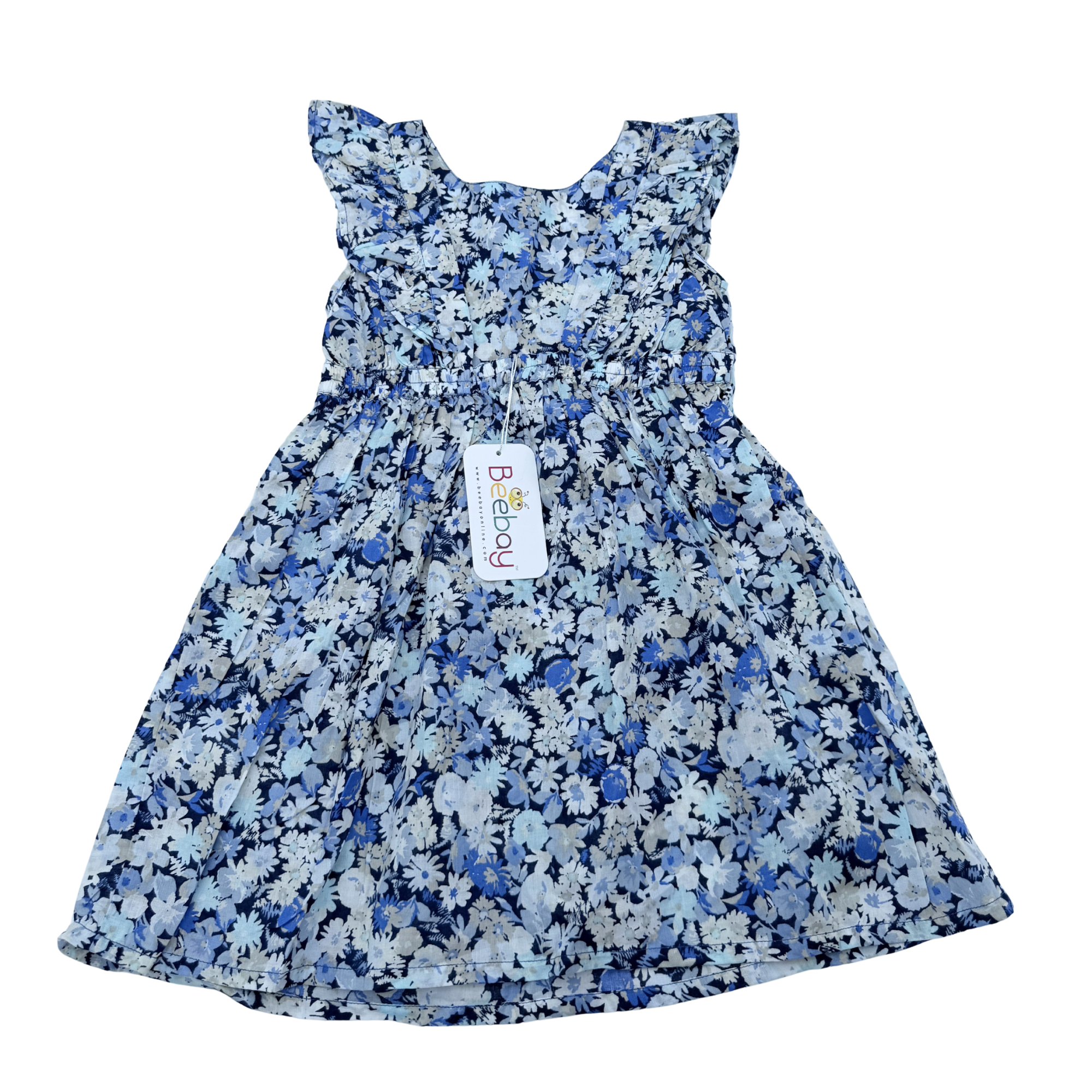 Robe à fleurs bleues à volants — 3-4 ans