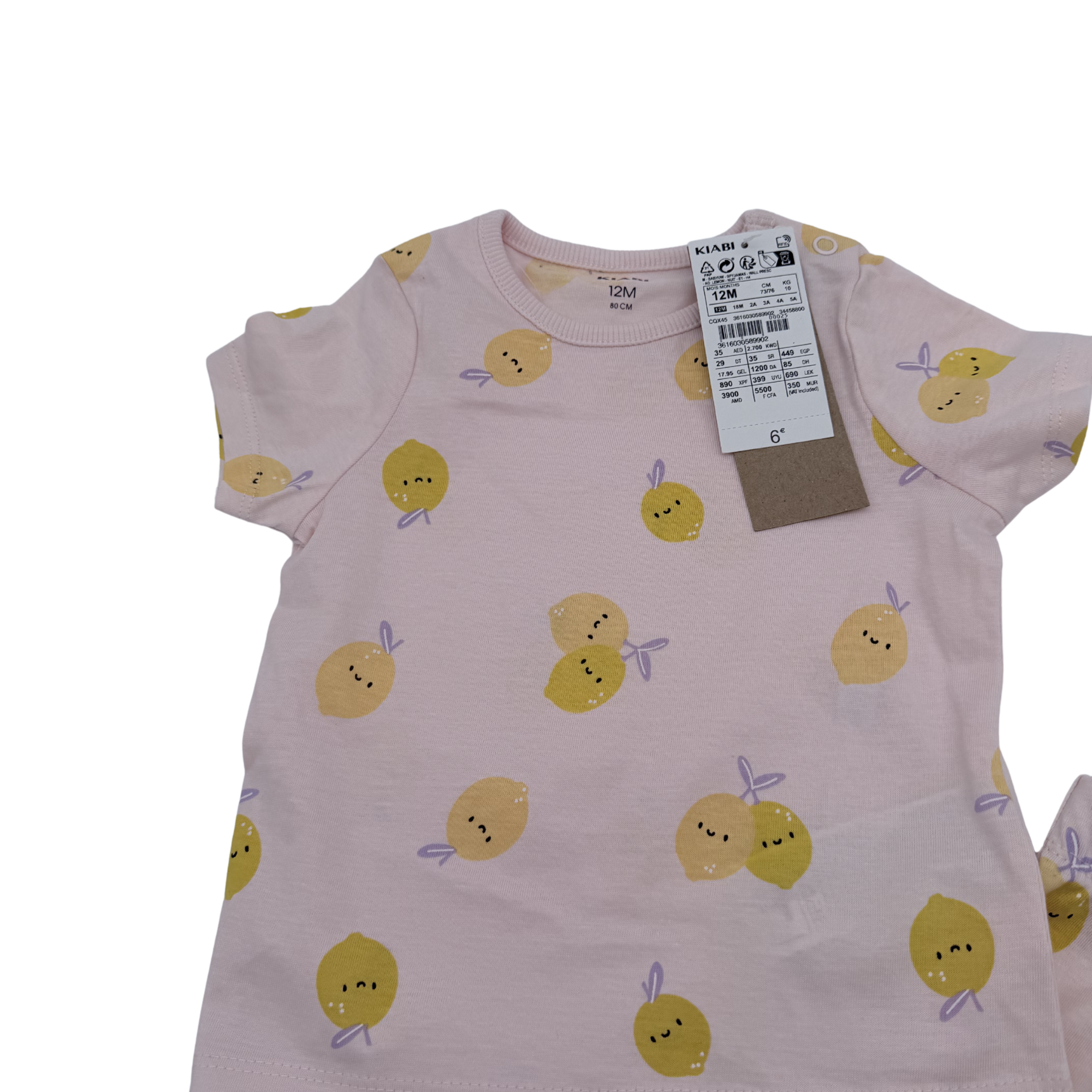 Pyjama rose pâle imprimé citrons — 12 mois