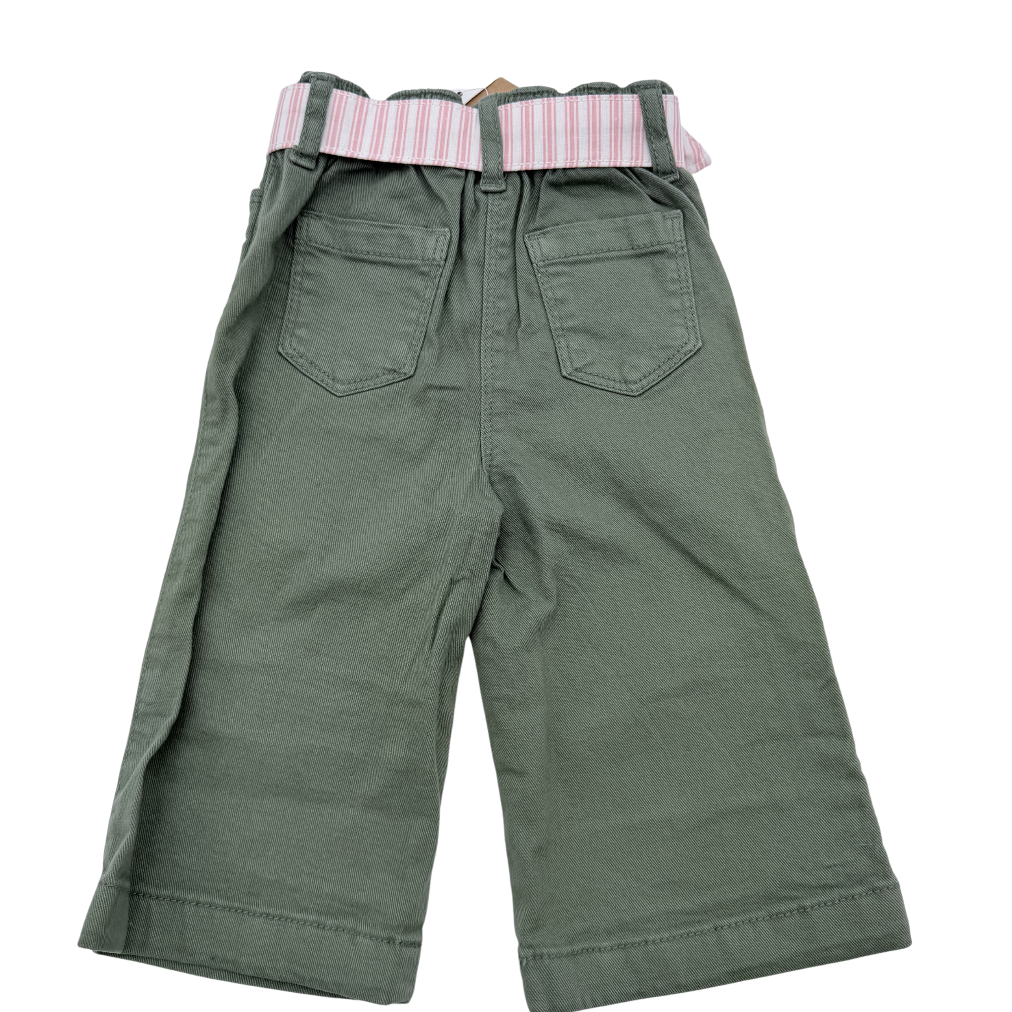 Pantalon large vert kaki avec ceinture rayée rose — 9 mois