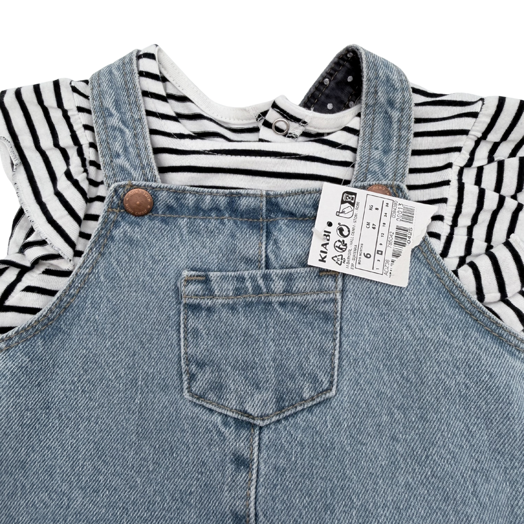 Robe salopette bébé en jean avec t-shirt rayé — 6 mois