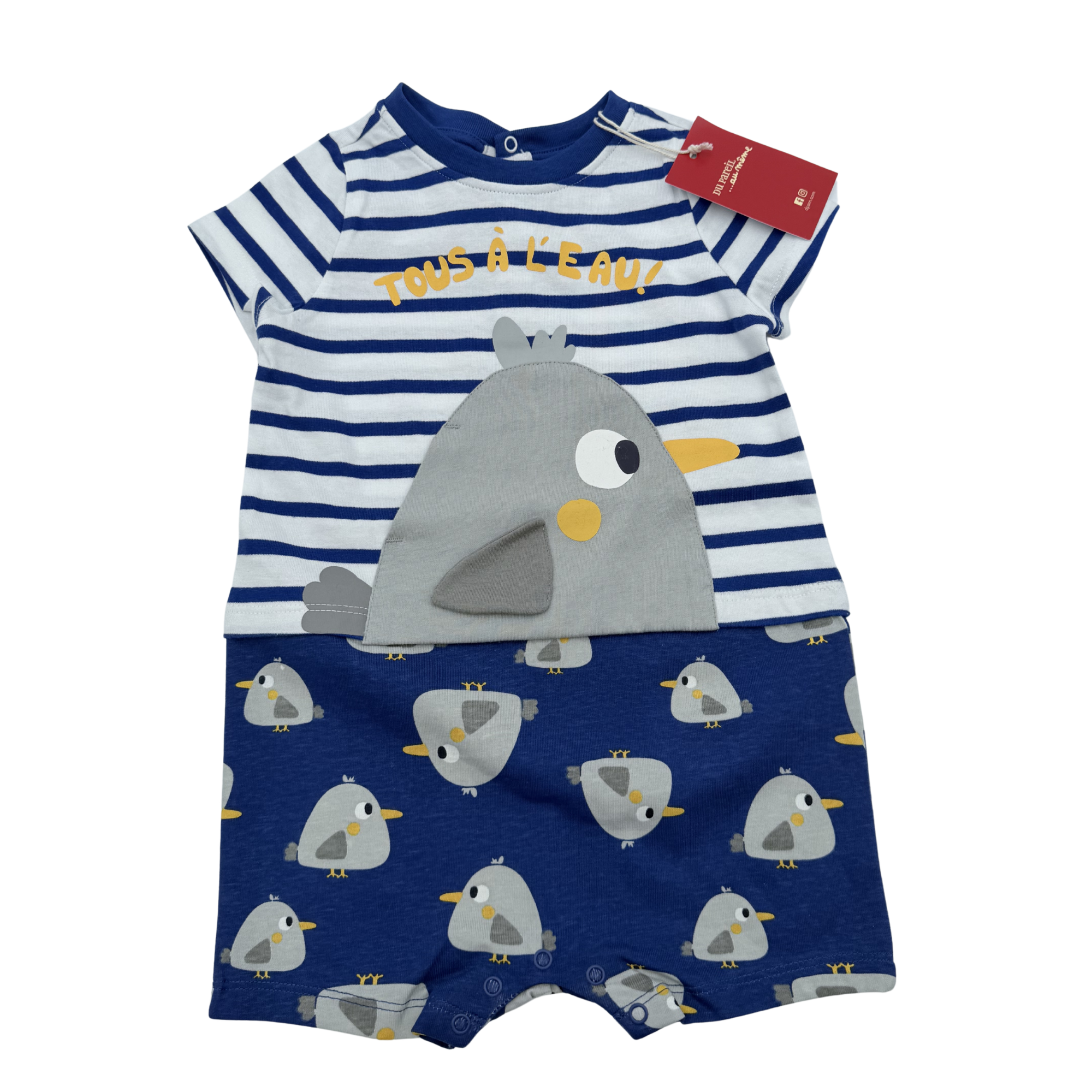 Combishort oiseaux bleu et blanc — 18 mois