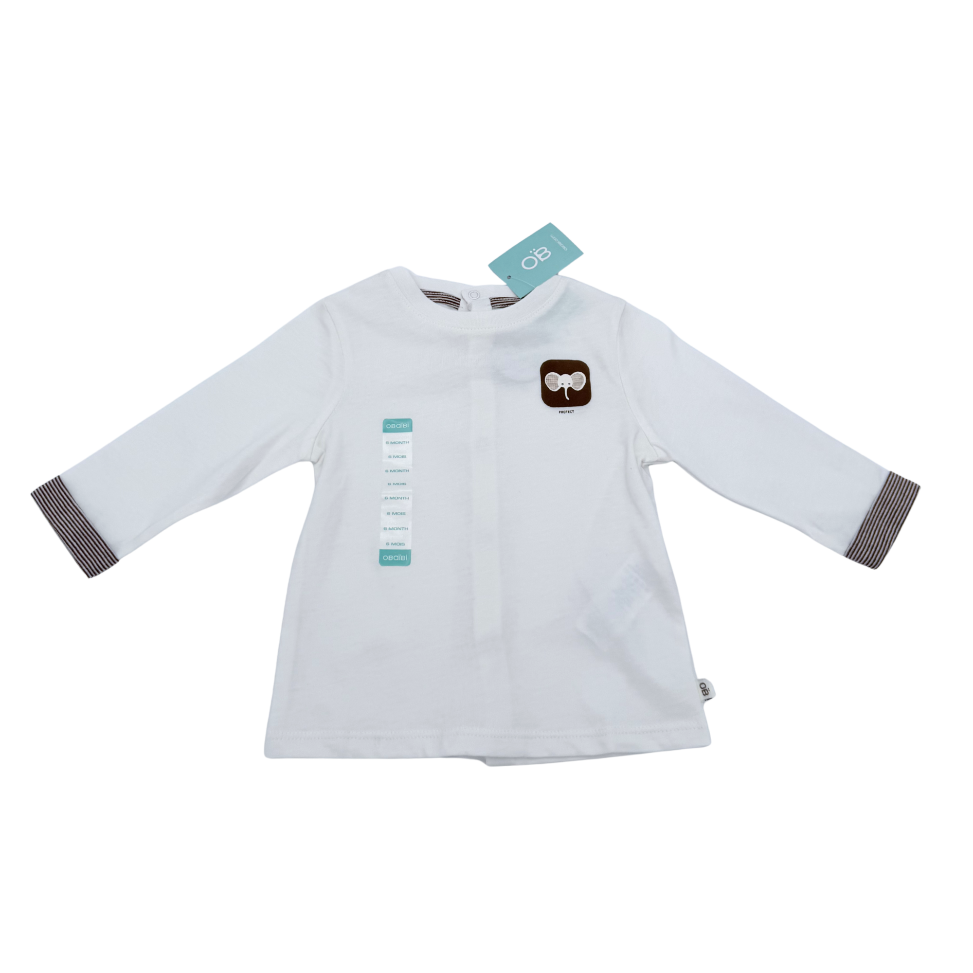 T-shirt blanc manches longues éléphant — 6 mois