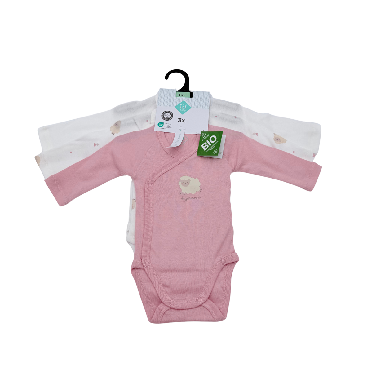 Lot de 3 bodies bébé croisés rose et blanc - 1 mois