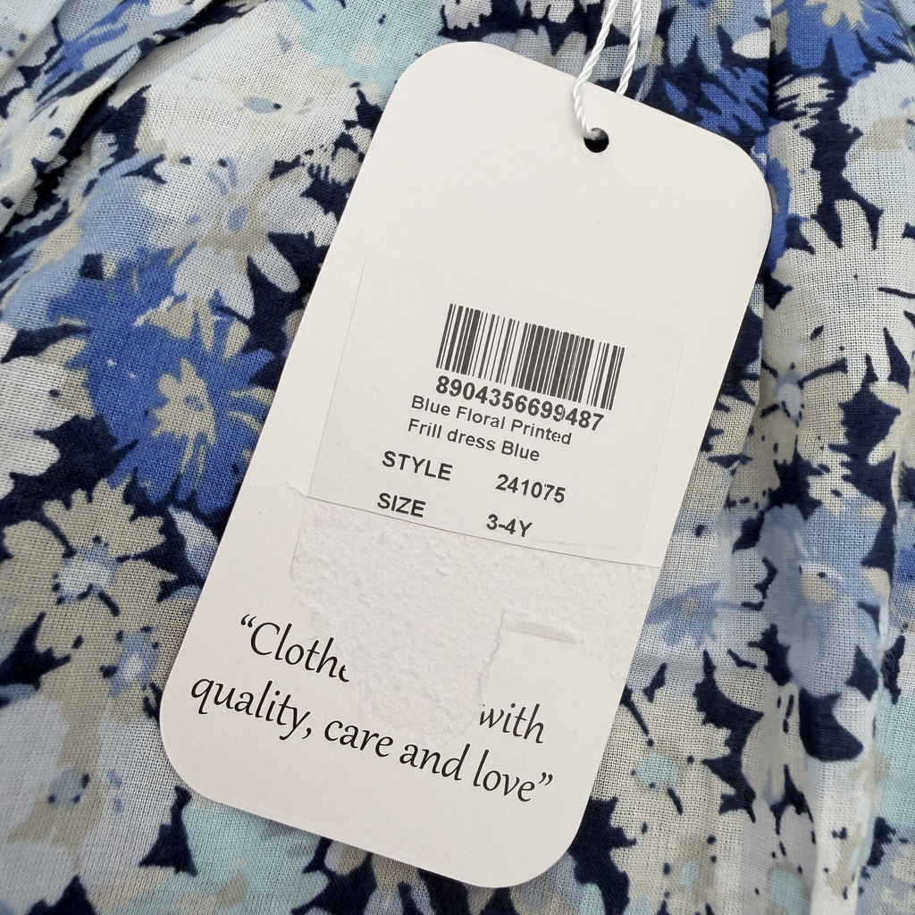Robe à fleurs bleues à volants — 3-4 ans