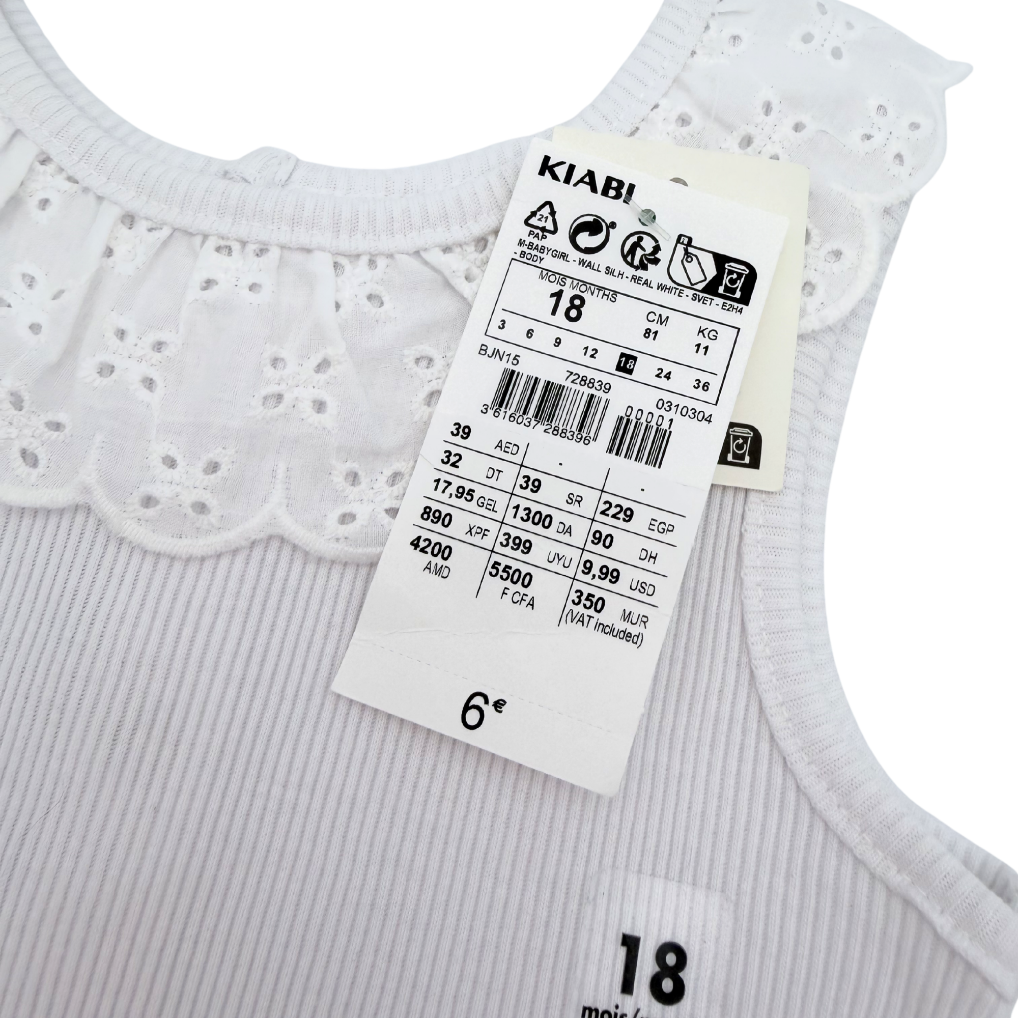 Body bébé blanc sans manches col broderie anglaise — 6 mois