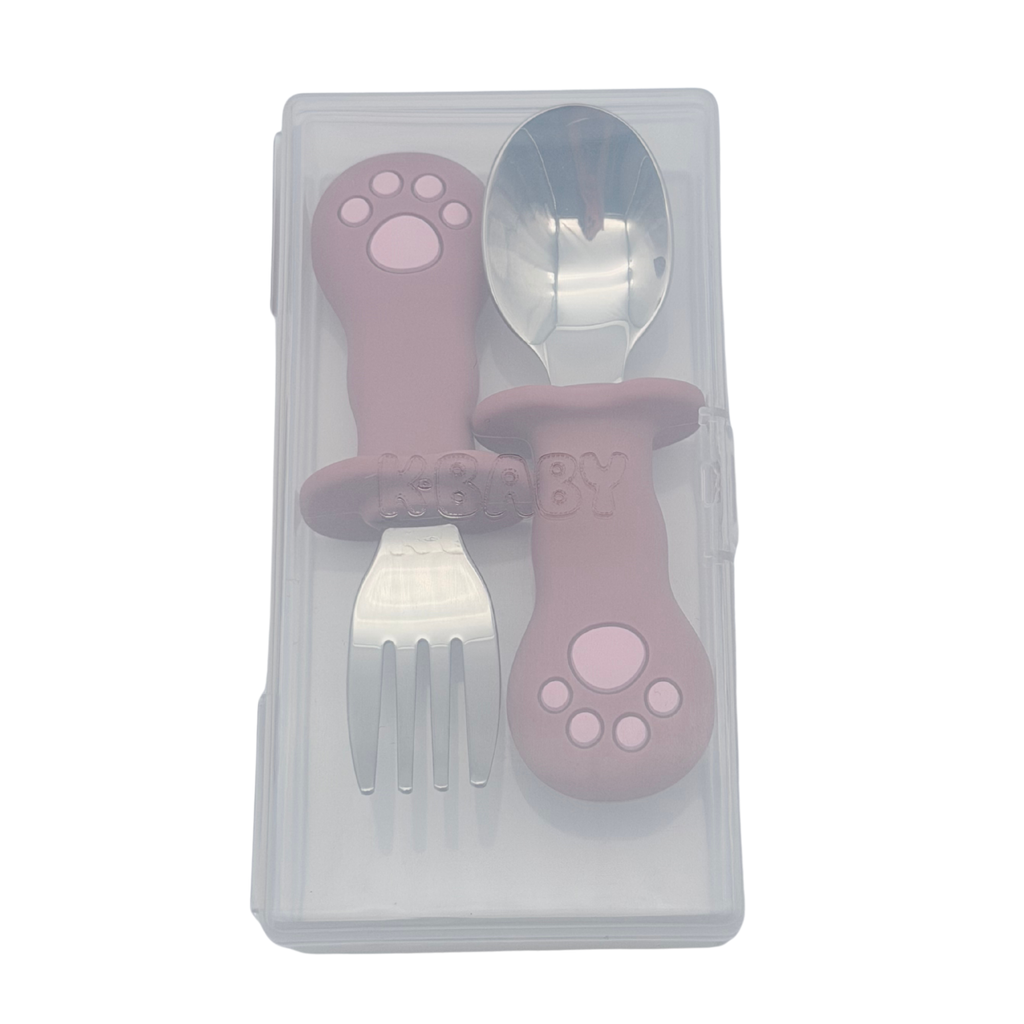 Couverts d’apprentissage bébé rose avec étui - Dès 8 mois