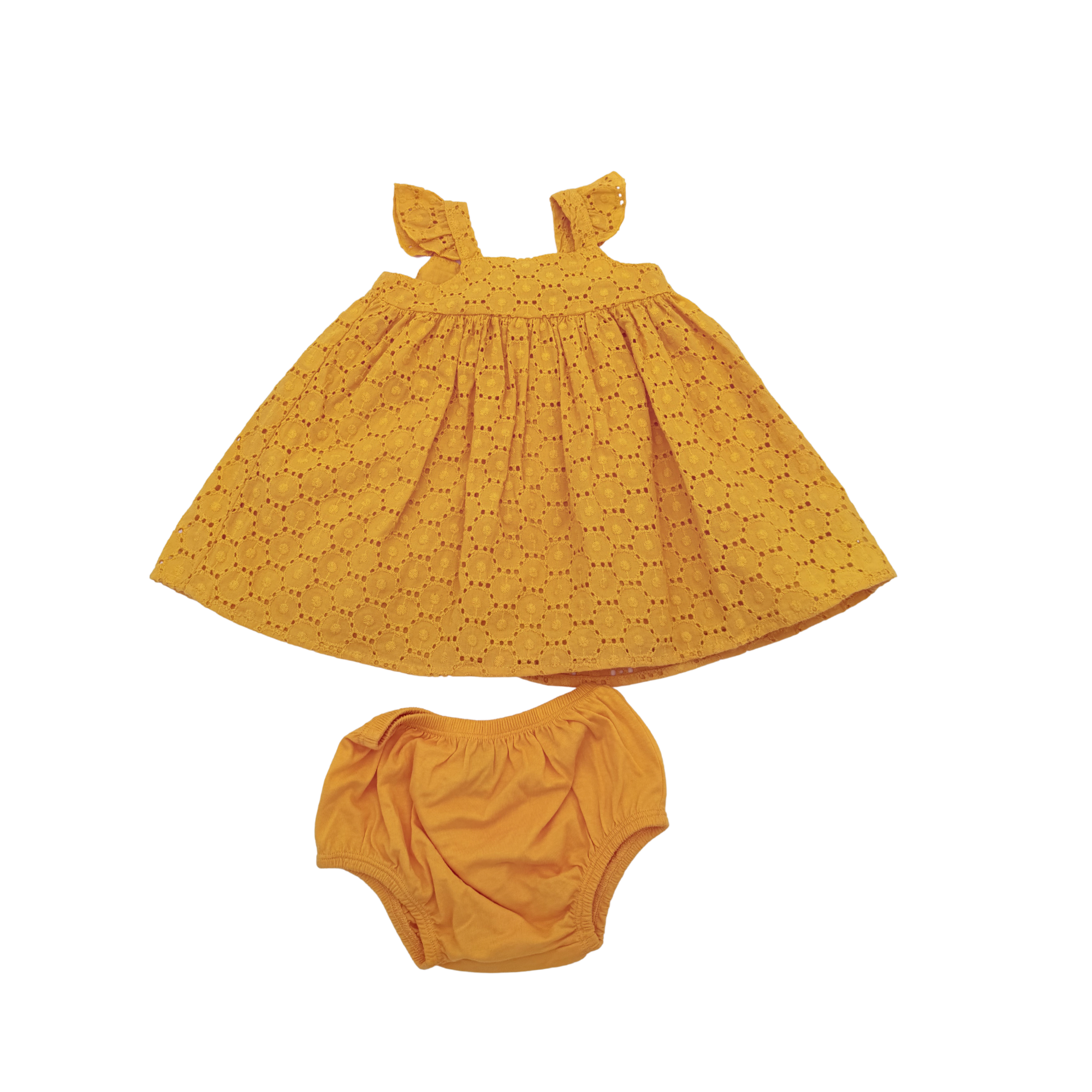 Ensemble robe broderie anglaise moutarde et bloomer - 6 mois