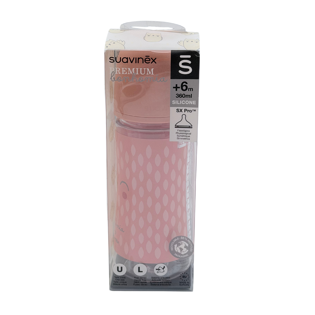 Biberon bébé rose 360 ml avec tétine en silicone – Dès 6 mois