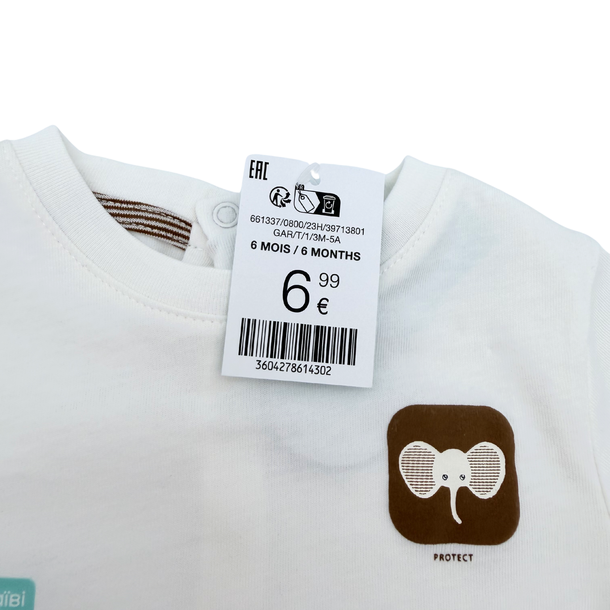 T-shirt blanc manches longues éléphant — 6 mois