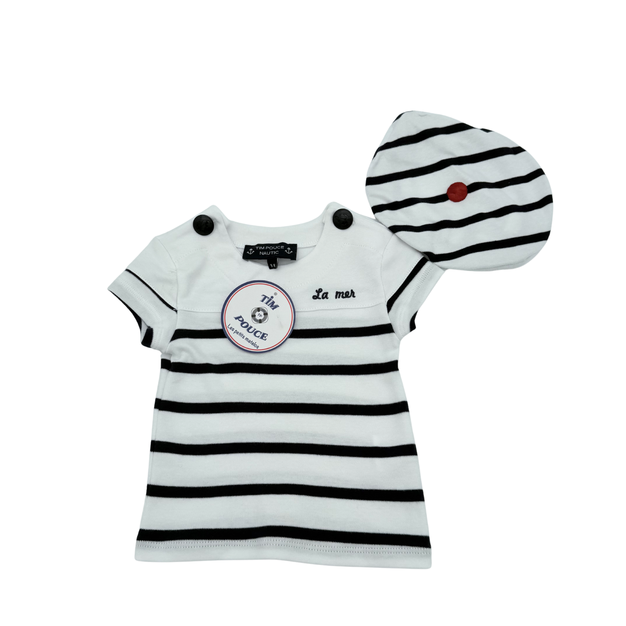Marinière blanche et noire avec béret assorti — 6 mois