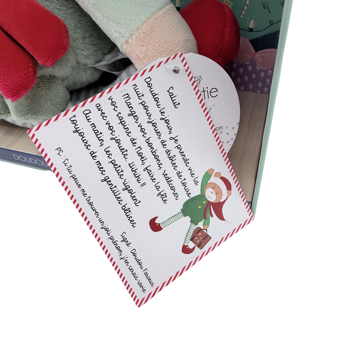 Peluche lutin farceur de Noël avec boîte décorative