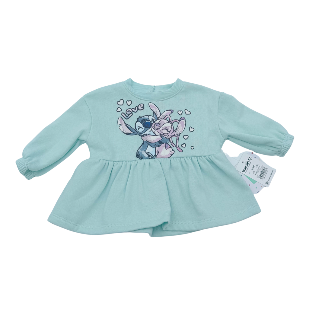 Robe sweat bébé vert d’eau motif Stitch - 3-6 mois